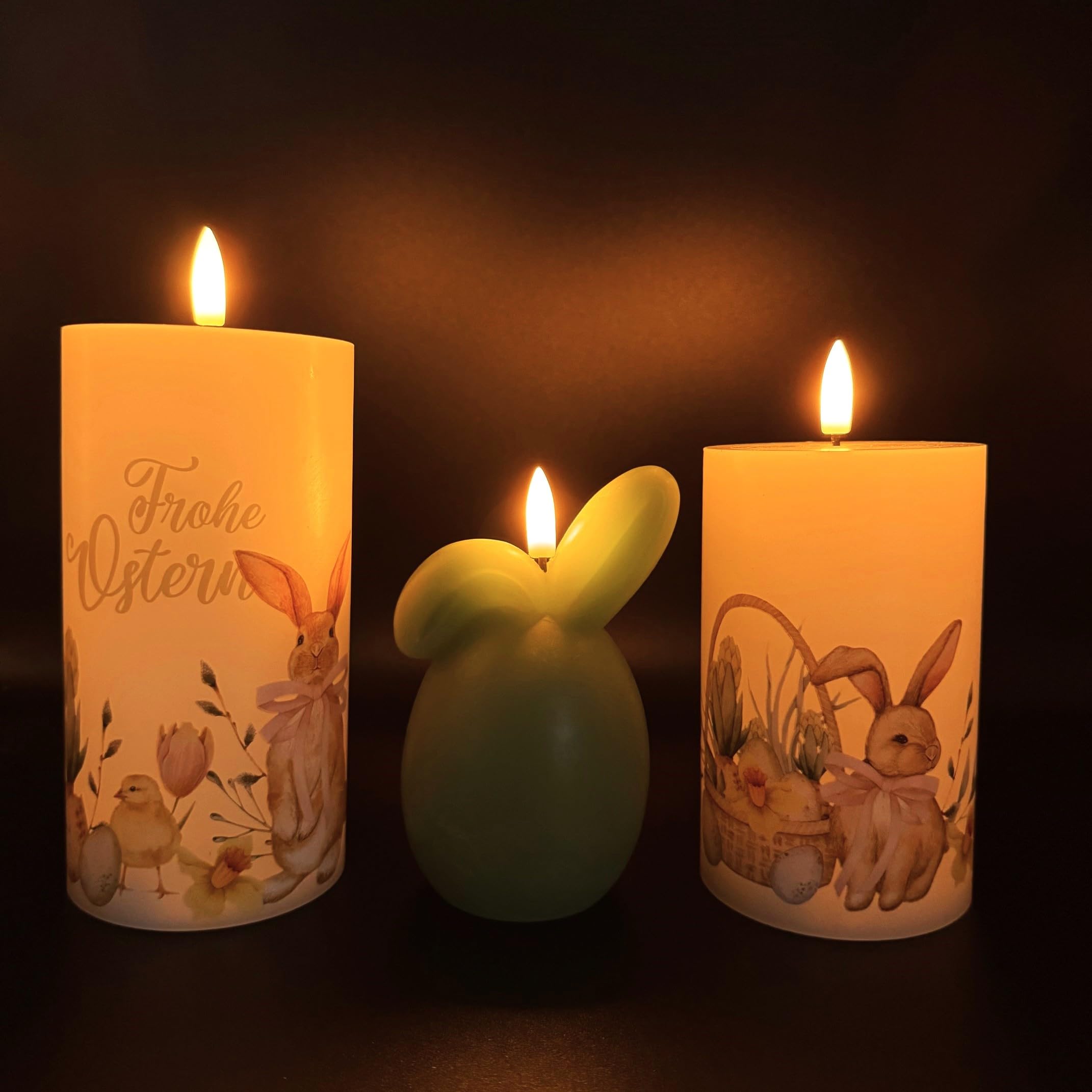 Online Fuchs 3 LED-Kerzen Frohe Ostern mit realistischer Kerzenflamme & 6-Stunden Timerfunktion - Frühlings- & Osterdeko mit Osterhasen Motiv
