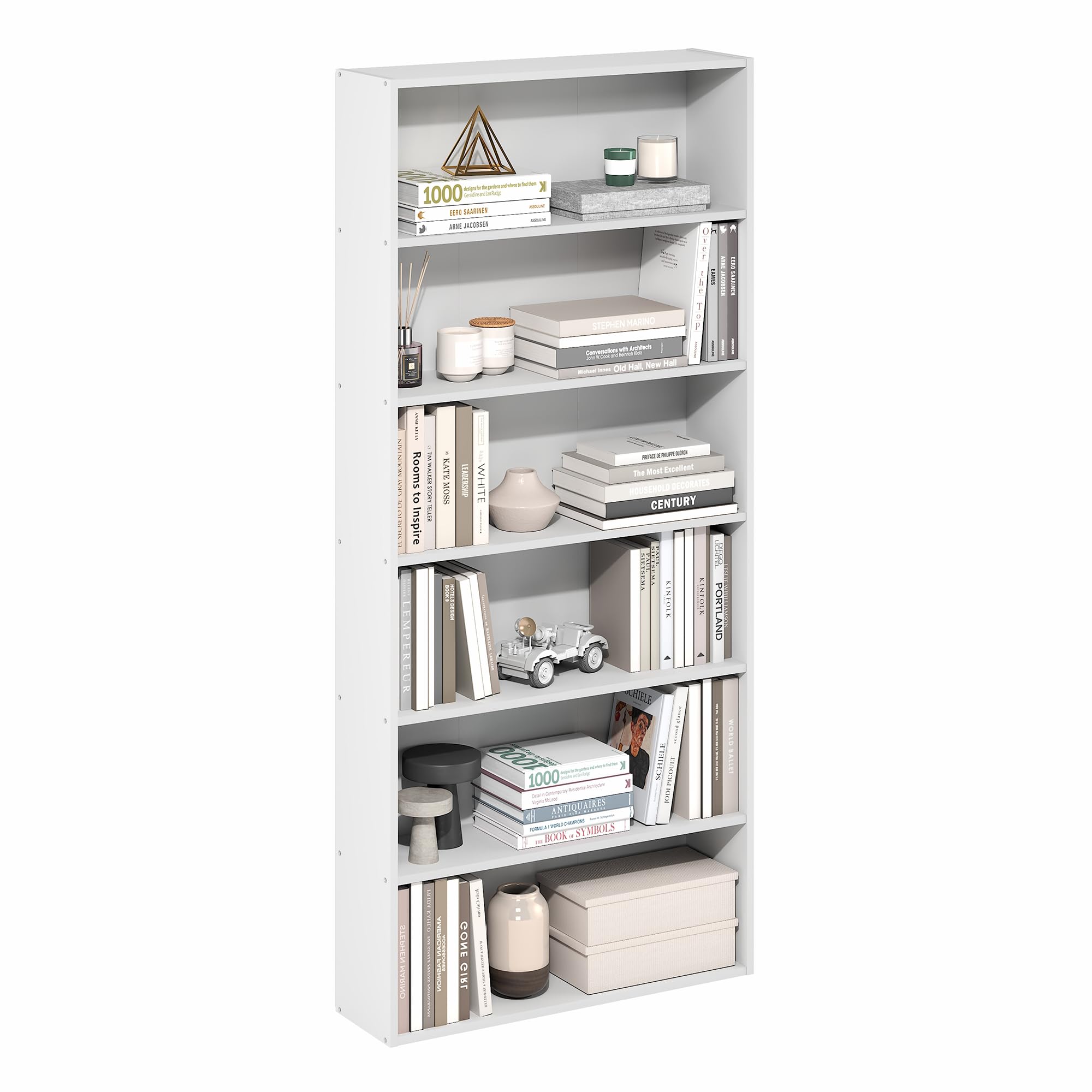 Furinno Basic 6-stöckiges offenes Regal, Bücherregal, Aufbewahrungsorganizer, 16.8 x 60 x 134 cm, Weiß