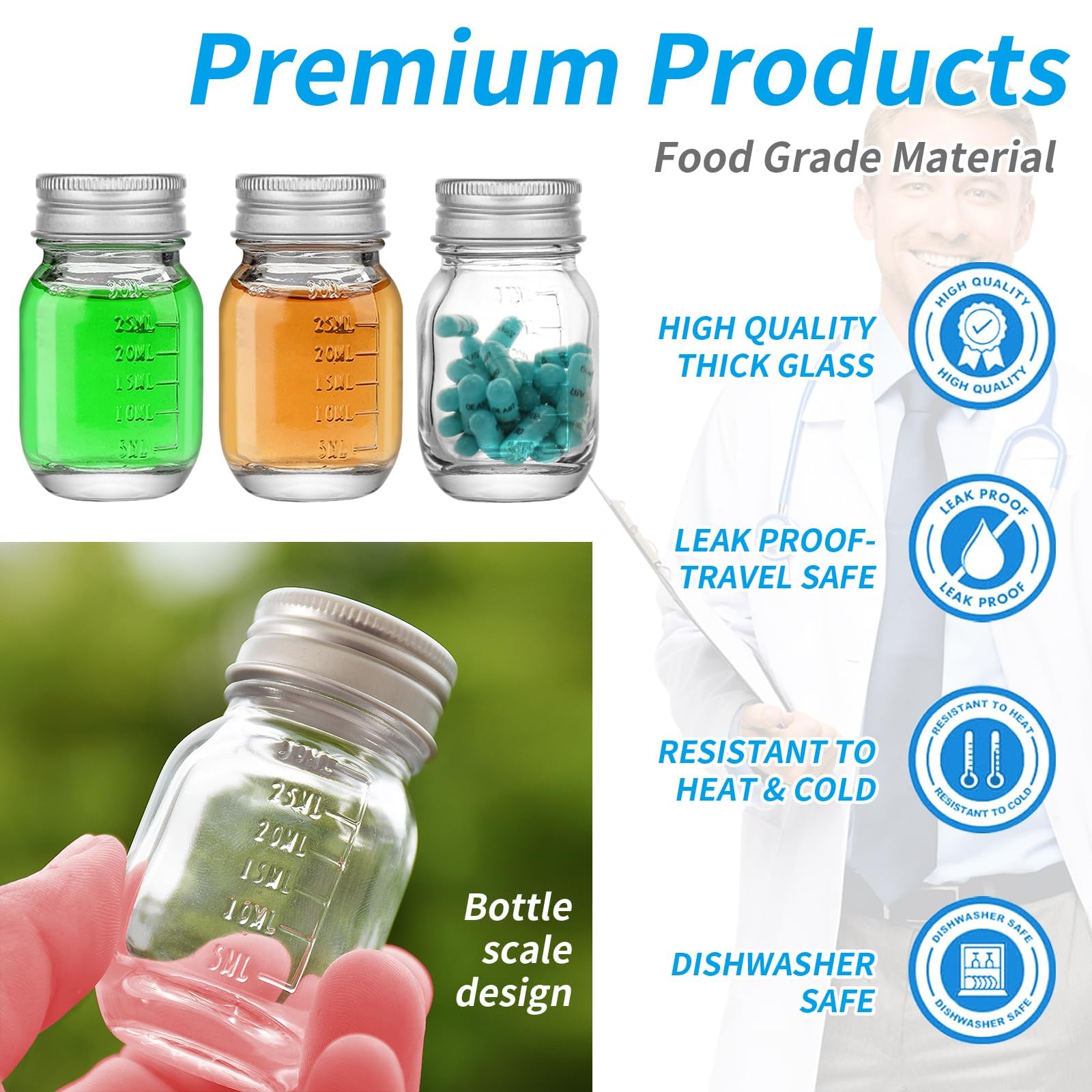 Bottiglie di vetro per medicinali da 30 ml, bottiglie di vetro trasparente per reagenti, bocca larga, tappo a vite con scala per la casa, coperchio color argento (25)