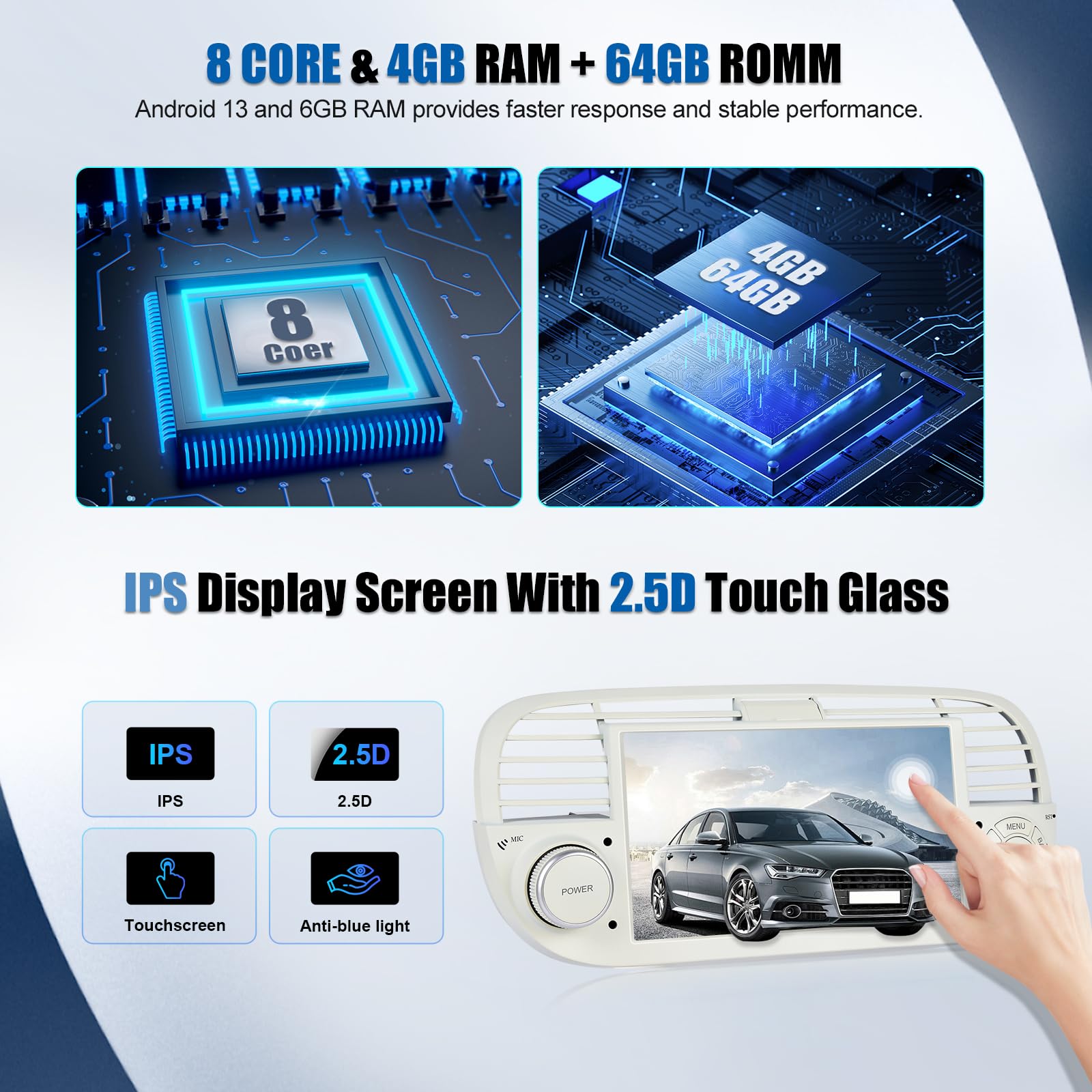SIXWIN 8 Core 4+64G Android 15 Autoradio per FIAT 500 2007-2015 con CarPlay/Android Auto/DSP,7 Pollici HD Schermo Navigatore GPS WiFi Bluetooth 5.0 USB FM RDS Radio Mirror Link +32 Bande EQ(Bianco)