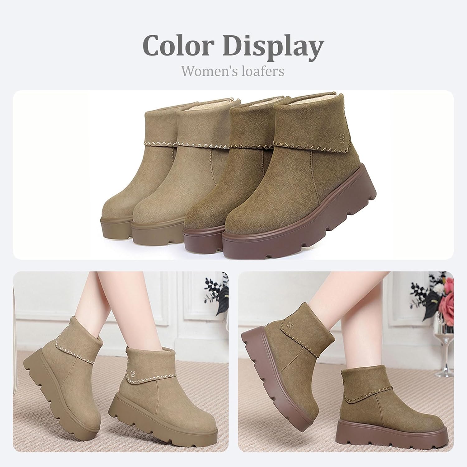 Faux Suede Ankle Boots for Women'S Platform Warm Pull-On Back Zipper Snow Booties Fashion Hand Sewing Fur Lined Chunky Sole Anti-Slip Lightweight Outdoor Work Boots