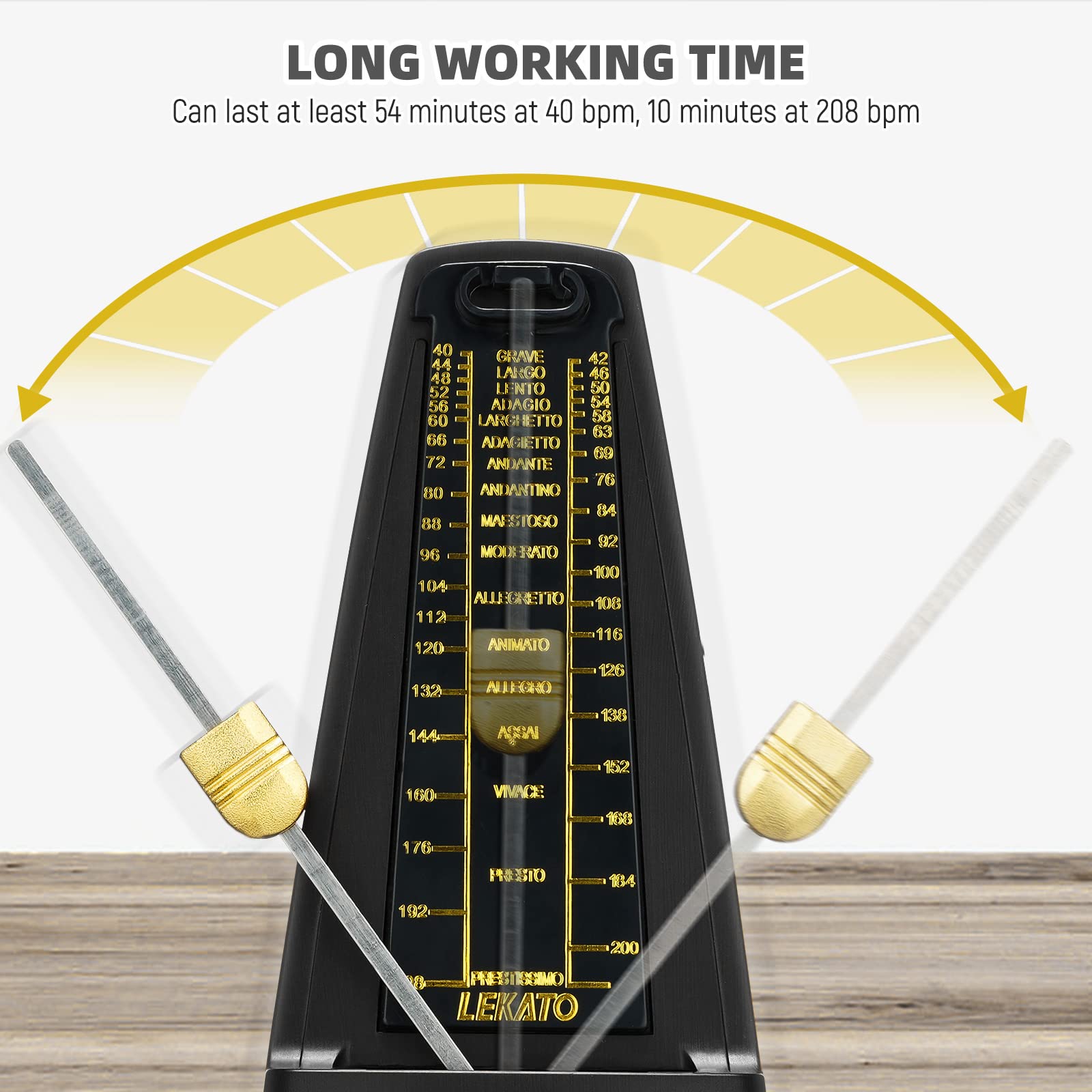 LEKATO Mechanisches Metronom für Klavier Gitarre Bass Violine Ukulele Schlagzeug Saxophon Banjo Mandoline - Visualisierung von Takt & Tempo, lauter Klang mit betonter Glocke, hohe Präzision, Schwarz
