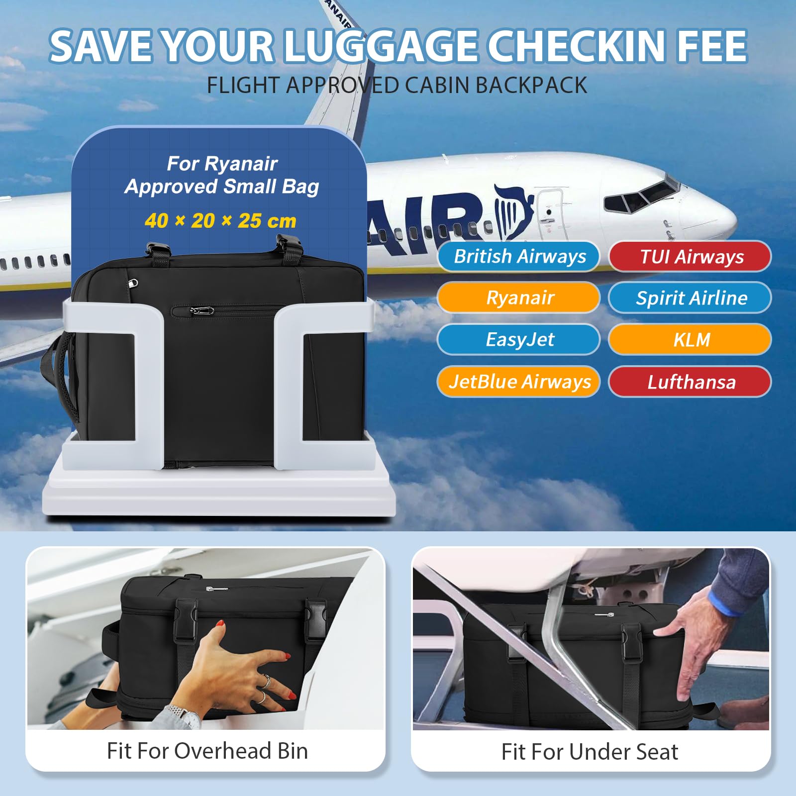 SZLX Zaino Ryanair 40x20x25 Bagaglio a Mano Donna Zaino da Viaggio con Porta USB Borse da Cabina per Easyjet 45x36x20 Zaino per Computer Portatile Impermeabile Borsa da Viaggio Uomo Travel Backpack