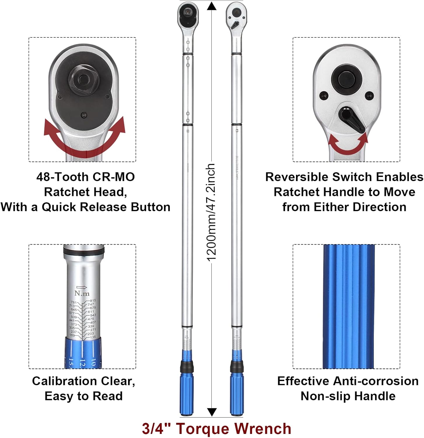 BULLTOOLS 3/4-Inch Drive Click Torque Wrench, 48-tooth High Accuracy Torque Wrench Set with a Hex Key 100-600ft.lb / 135-815Nm