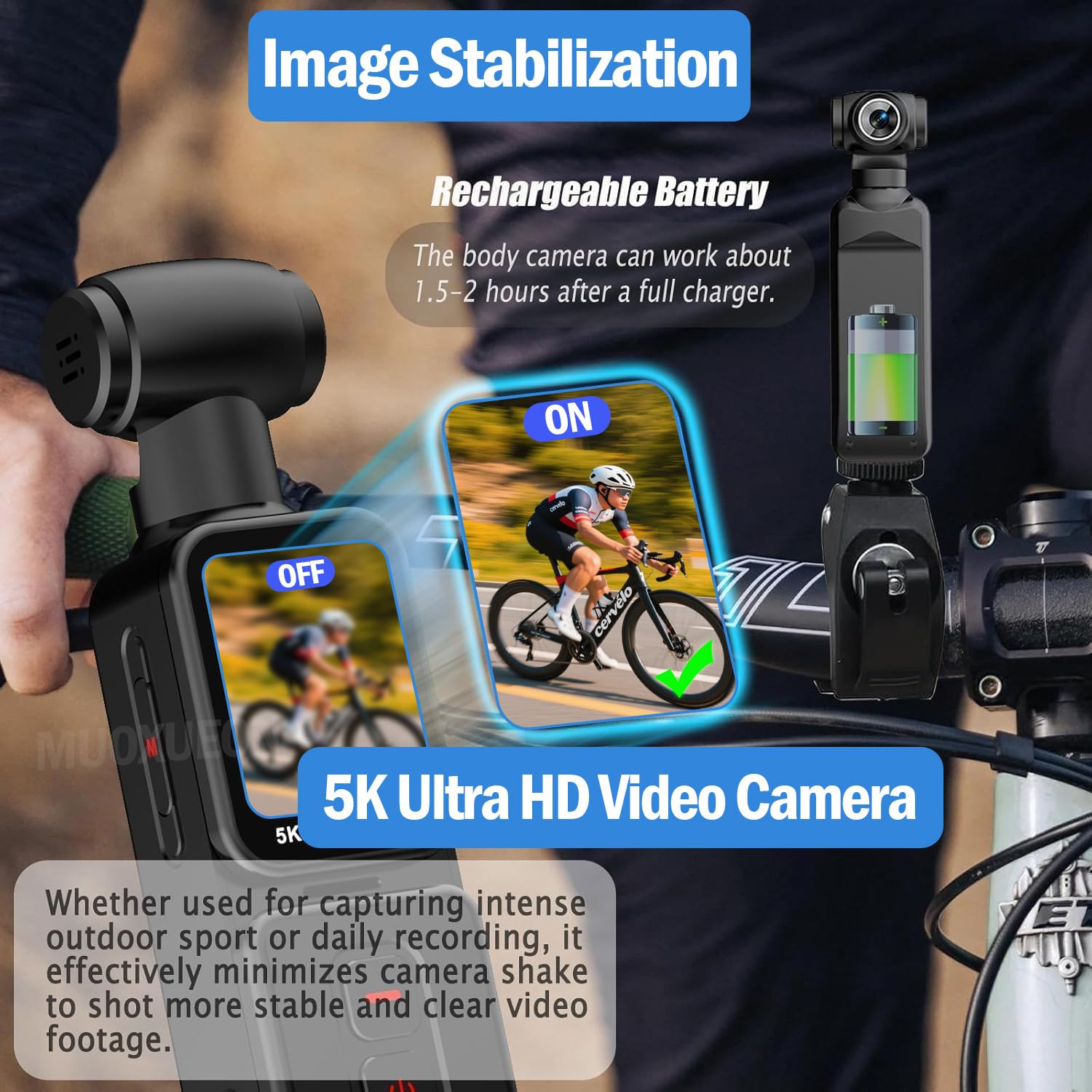 5K Handheld Action Camera, Portable Pocket Vlogging Camera with Image Stabilization, 270° Rotatable Wide-Angle Lens, Rotating Touchscreen, WiFi, Remote & App Control for Travel Sports (128G) — view 3
