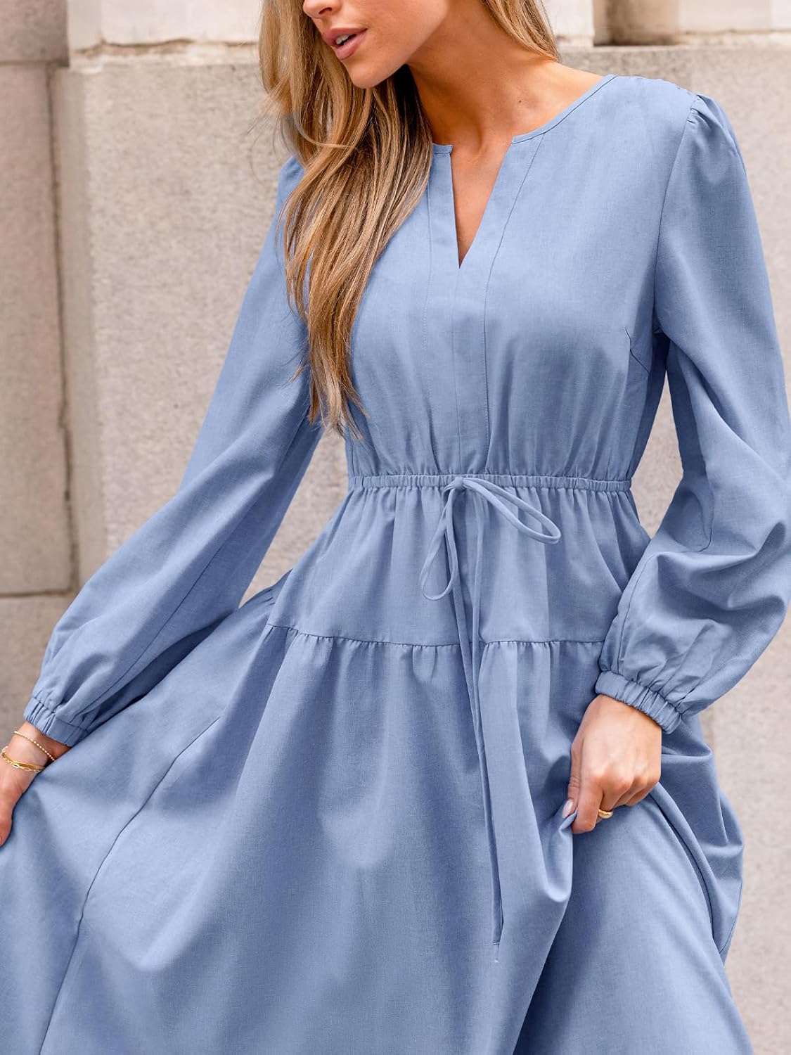 CUPSHE Women's Fall Wedding Guest Dress V Neck Long Sleeve Drawstring Ruffled Casual Flowy Elegant Party Maxi Dresses - Image 4