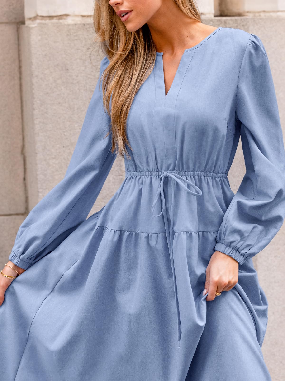 CUPSHE Abito da donna autunnale per matrimoni, con scollo a V, maniche lunghe, con coulisse, increspato, casual, fluido, elegante, per feste