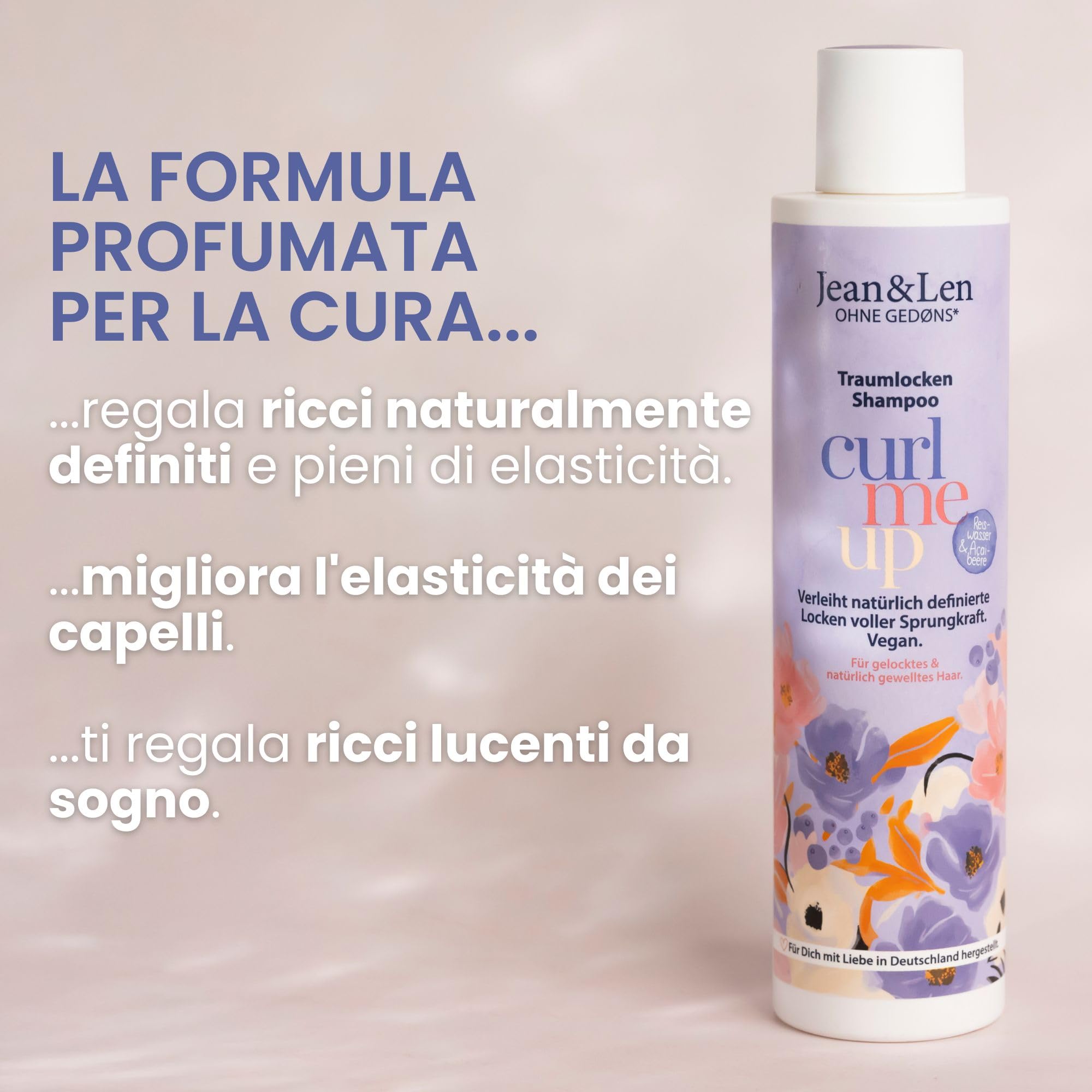 Jean & Len Shampoo Ricci da sogno Acqua di riso & bacche di acai, per capelli ricci e mossi, dona elasticità e volume, senza siliconi/parabeni, vegano, profumo fruttato, 6 x 300 ml