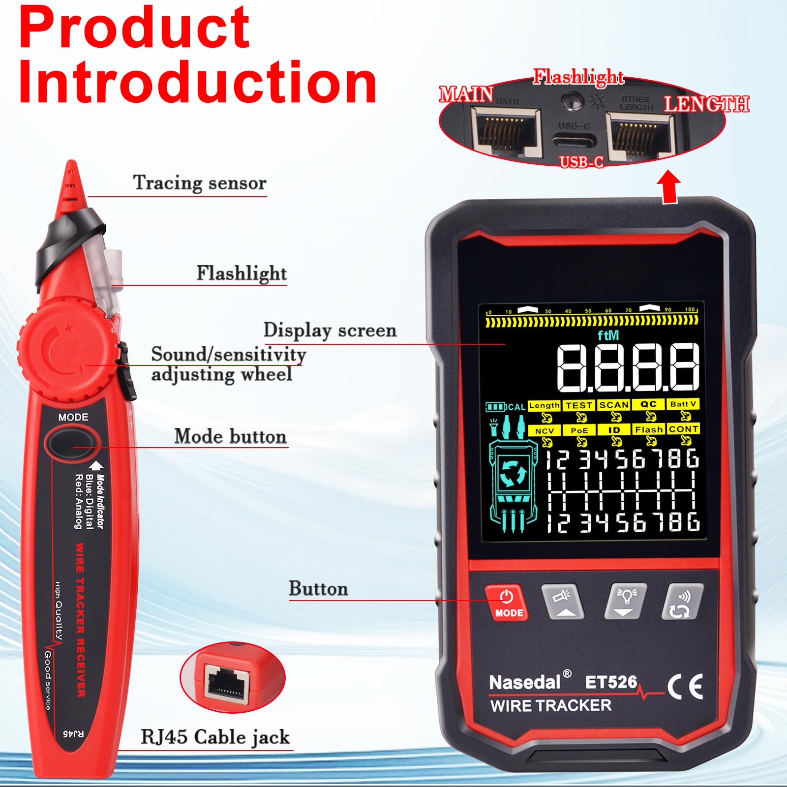 Network Cable Tester Wire Tracker Tone Generator Ethernet Tester Multímetro VFL 3 en 1 RJ45 CAT5 CAT6 CAT7 CAT8 RJ11 Cable Length Cable Mapping Test Port Flashng 3 pcs Remote (ET526)