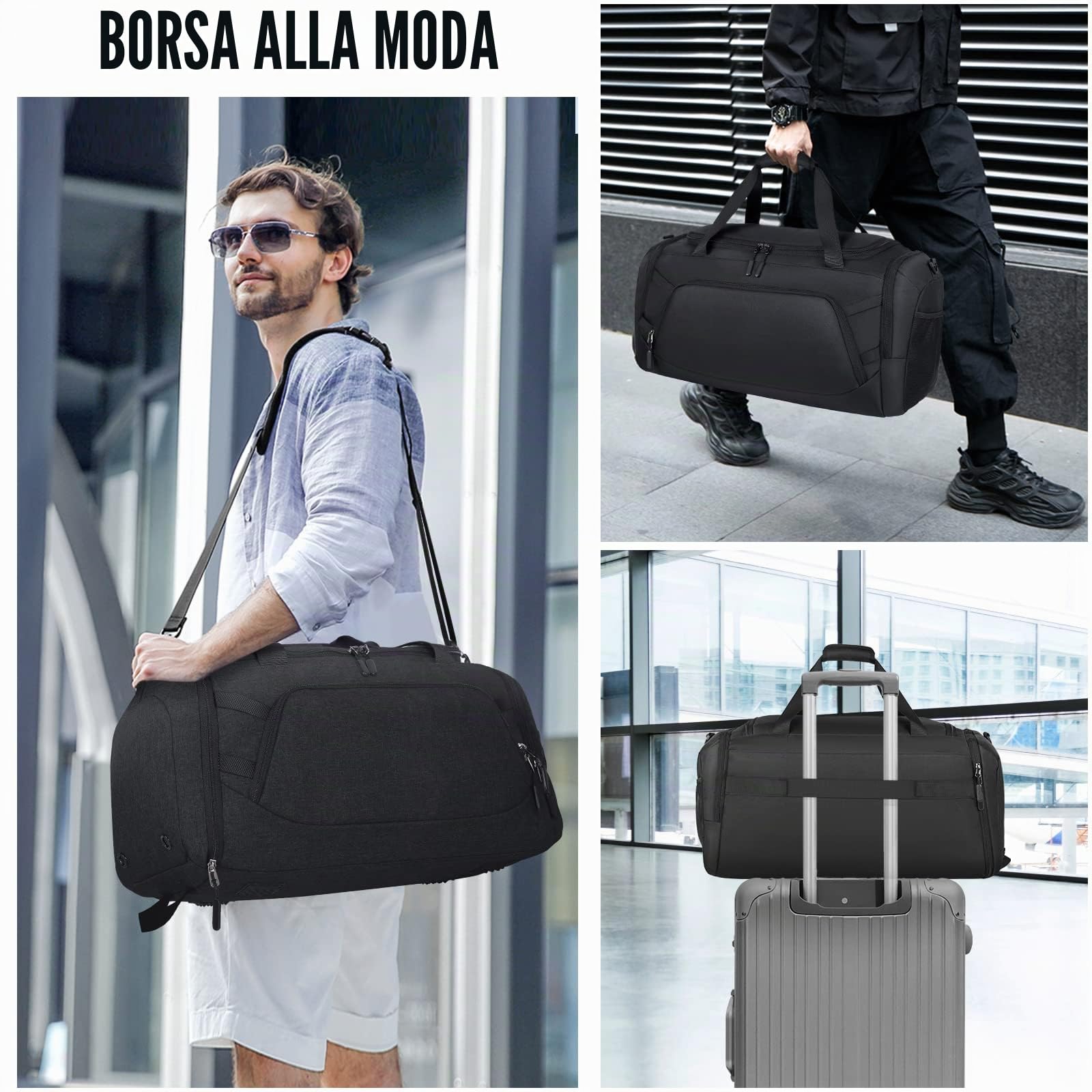 RAINSMORE Borsone Palestra Uomo Borsone da Viaggio Grande Borsa Palestra Donna con Scomparto Scarpe e Tasca bagnata Duffel Bag Gym Bag 55L Nero
