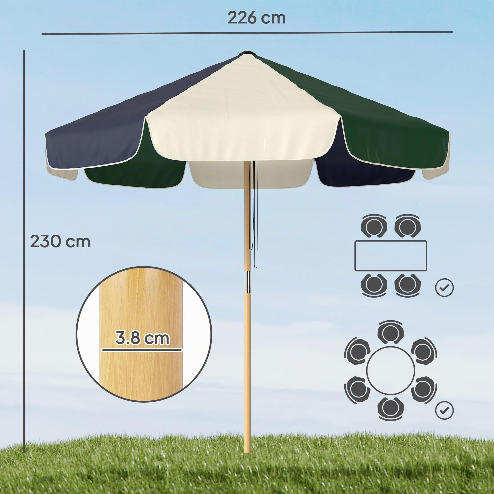 Outsunny Ombrellone da Giardino 8 Stecche UV 30+ Patio Verde Scuro e Crema | Telaio Effetto Legno, Tettuccio a Blocchi di Colore, Ombrellone da Esterno, Terrazzo, Balcone