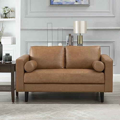 Miniatura 4 de Naomi Home Sofá biplaza Mid-Century de cuero genuino de grano superior, sofá cama biplaza, sofá cama, asientos de dos plazas para espacios pequeños,