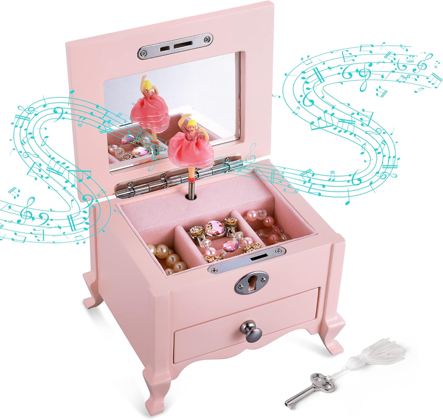 Ballerina Musical Jewelry Box with Mirror for Girls，Pink Kid’s Jewelry Storage Music Box,Children’s Jewelry organizer Music Jewelry Chest,Good Gift for Holidays,Birthday and Friends