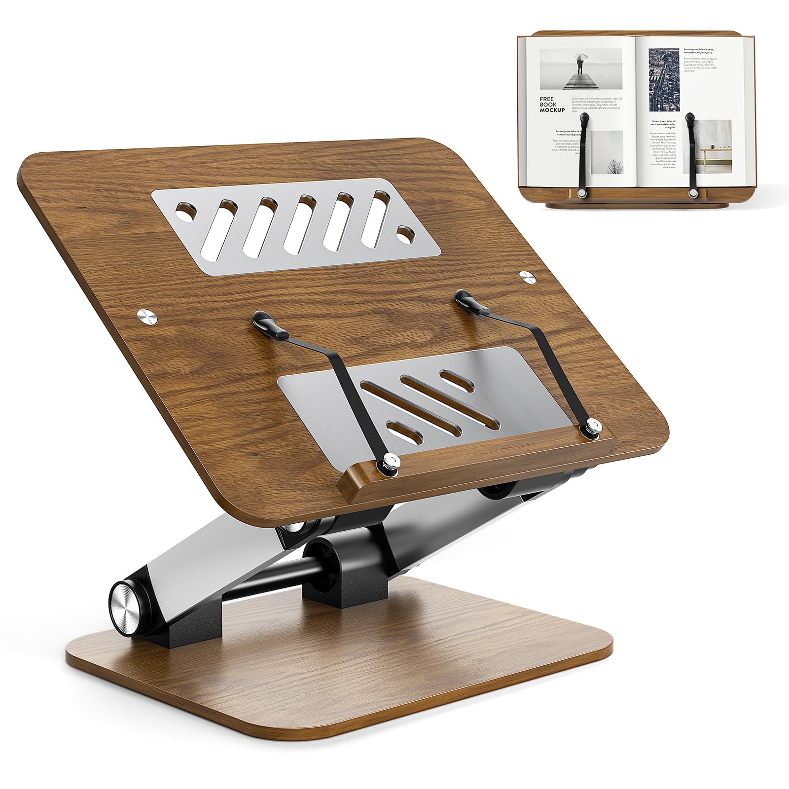 supporto per libri di lettura regolabile in legno, flessibile pieghevole a 180° per libri di cucina con clip di pagina