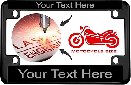 Vista 42 de Marco de matrícula personalizado de metal negro (Zinc) grabado con láser, tamaño estándar con diseño de texto personalizado, texto acero/negro