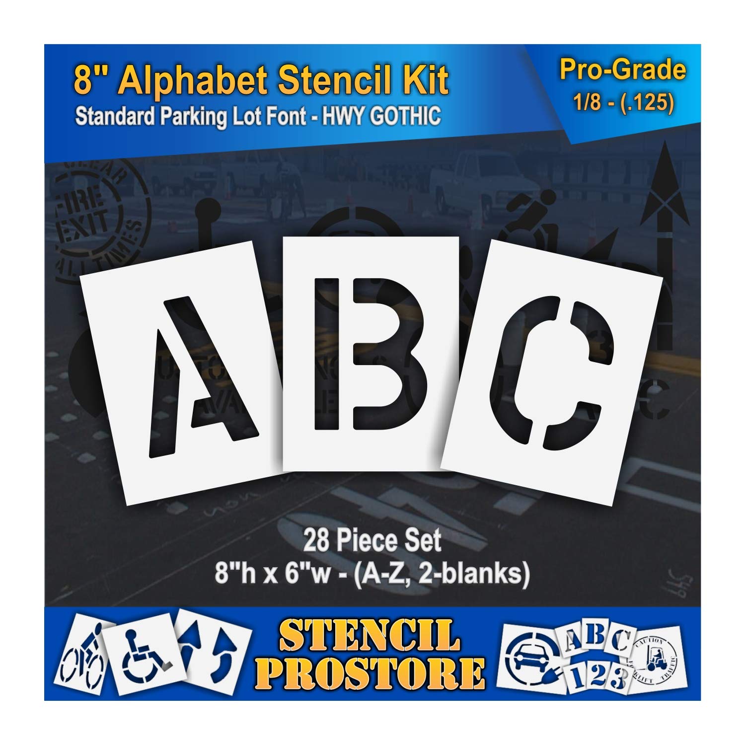 Pavement Stencils - 8 inch Alphabet KIT Stencil Set - (28 Piece) - 8" x 6" x 1/16" (63 mil) - Light-Duty