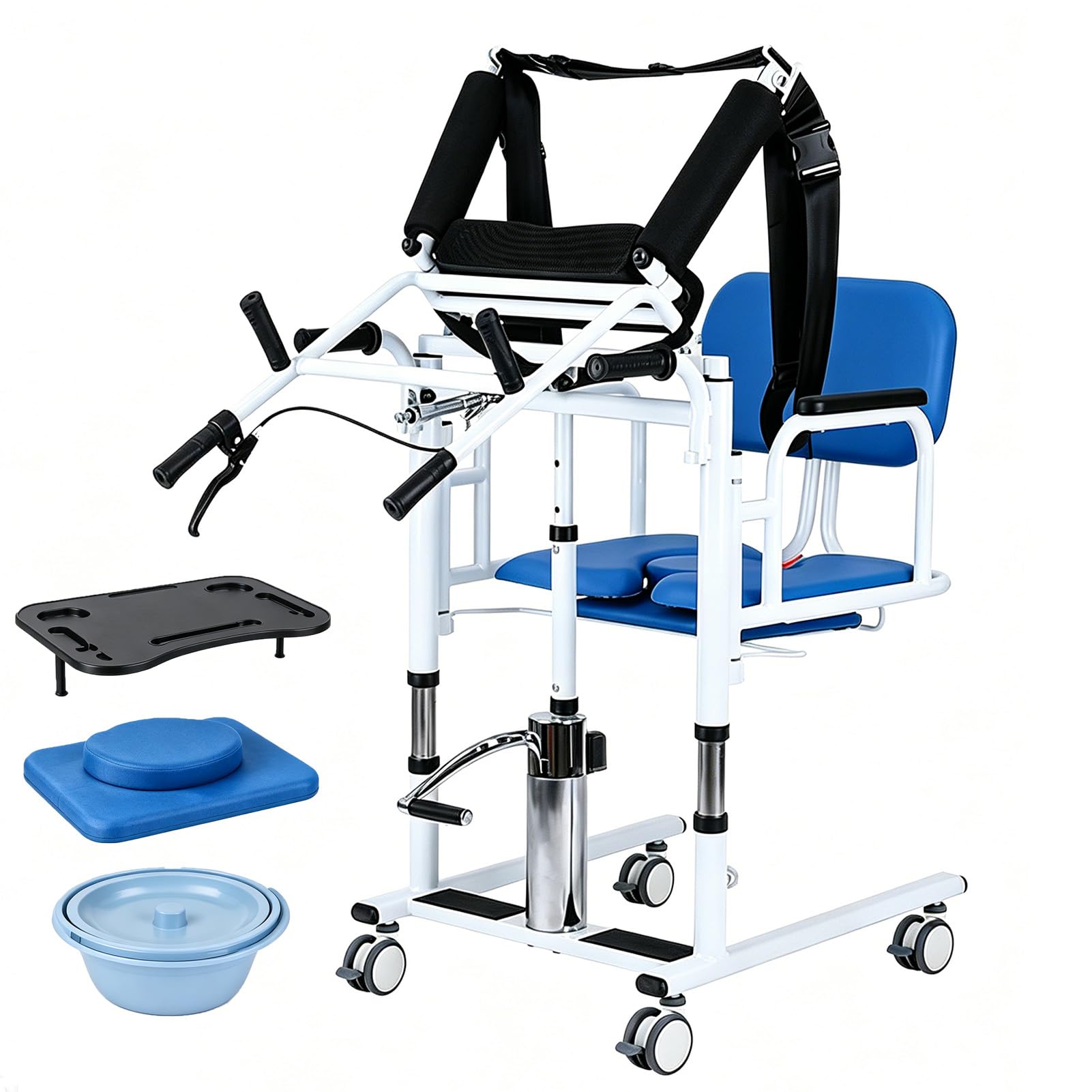 SULQING Hydraulic Patient Lift Transfer Chair, Portable Hydraulic Patient Lift Wheelchair with 41–65 cm Lifting Height, 440lbs Capacity & 180° Split Seat & Detachable Cushion & Potty for Home Use