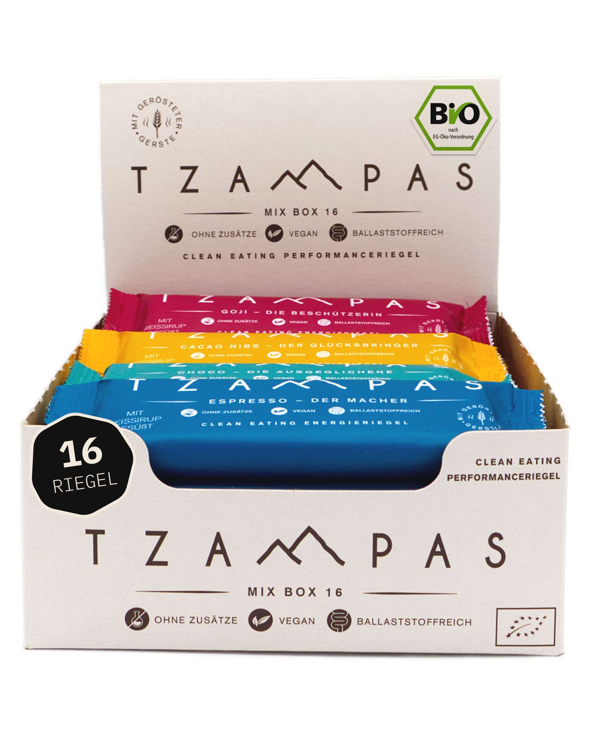 Energieriegel BIO von TZAMPAS® - 16x40g Riegel - 4 Sorten nachhaltige Sportriegel mit Superfoods für langfristige Energie - Vegan/Ohne Zusatz von raffiniertem Zucker