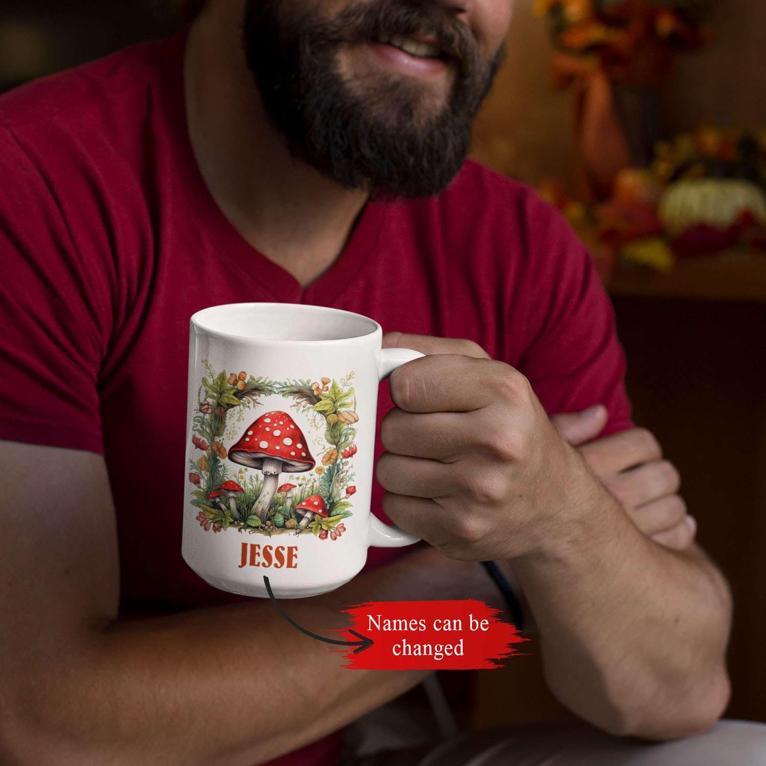 Custom Name Mushroom Tea Cup - Personalized Red Mushrooms Coffee Mug Gift For Coworkers, Botanists & Nature Lovers - View #3