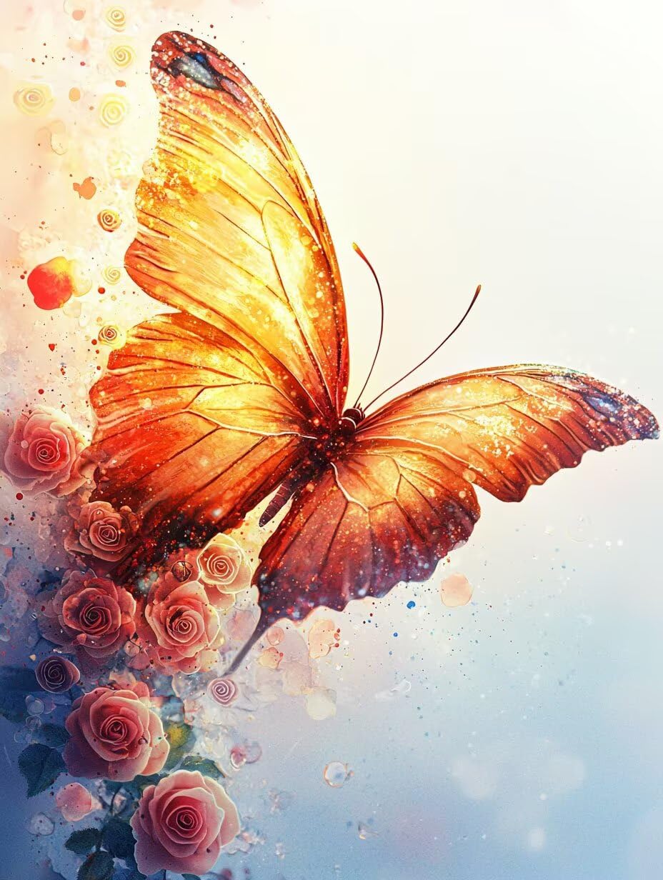 WEISHIWE Malen nach Zahlen Erwachsene Schmetterling mit Rose, 70x90cm x-368 | Malen nach Zahlen Erwachsene Leinwand Kit, DIY Handgemalt Ölgemälde Set mit 3-Pinseln und Acrylfarbe für Wanddeko,Ohne Rahmen