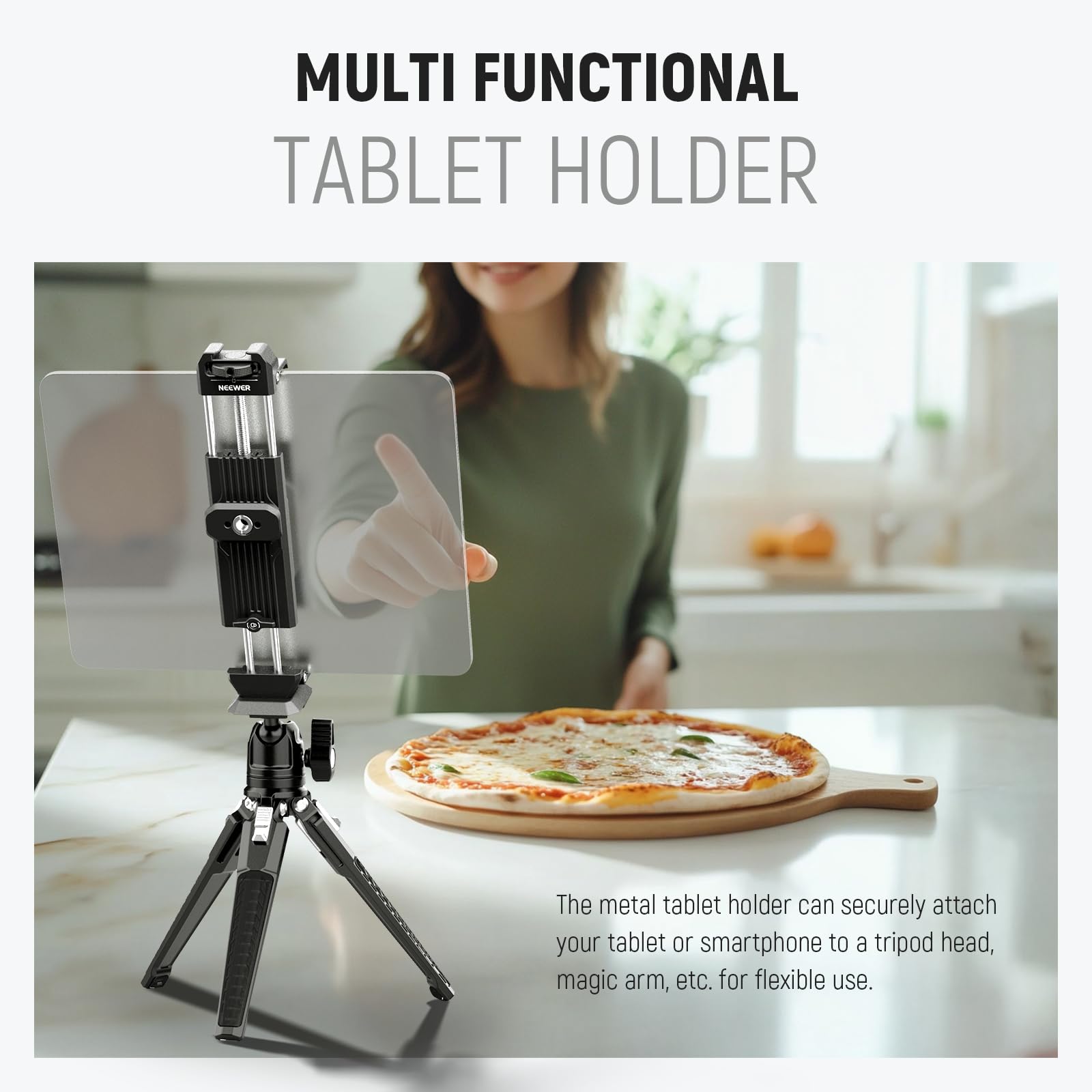 NEEWER Porta Tablet in Metallo per iPad con Cold Shoe, Base Arca, Interfaccia NATO, Vite 1/4", Clamp Universale per Treppiede