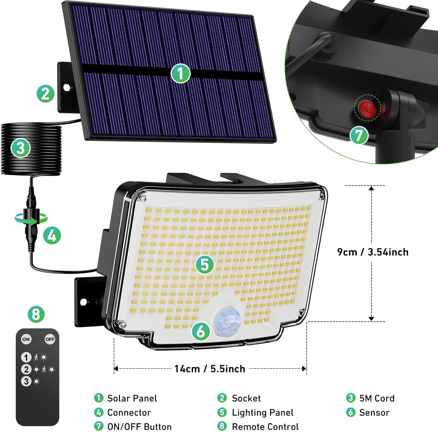 nipify - Lámpara solar y exterior con sensor de movimiento, 310 LED/3 modo/ángulo de iluminación 270°, mando a distancia, iluminación impermeable