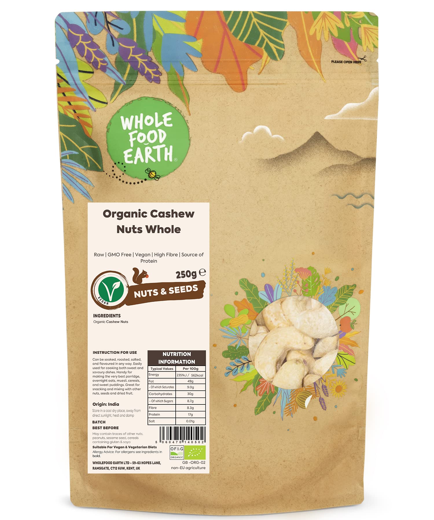 Wholefood Earth Organic Cashew Nuts Whole – 250g | Raw | GMO Free | Vegan | High Fibre | Source of Protein | Certified Organic