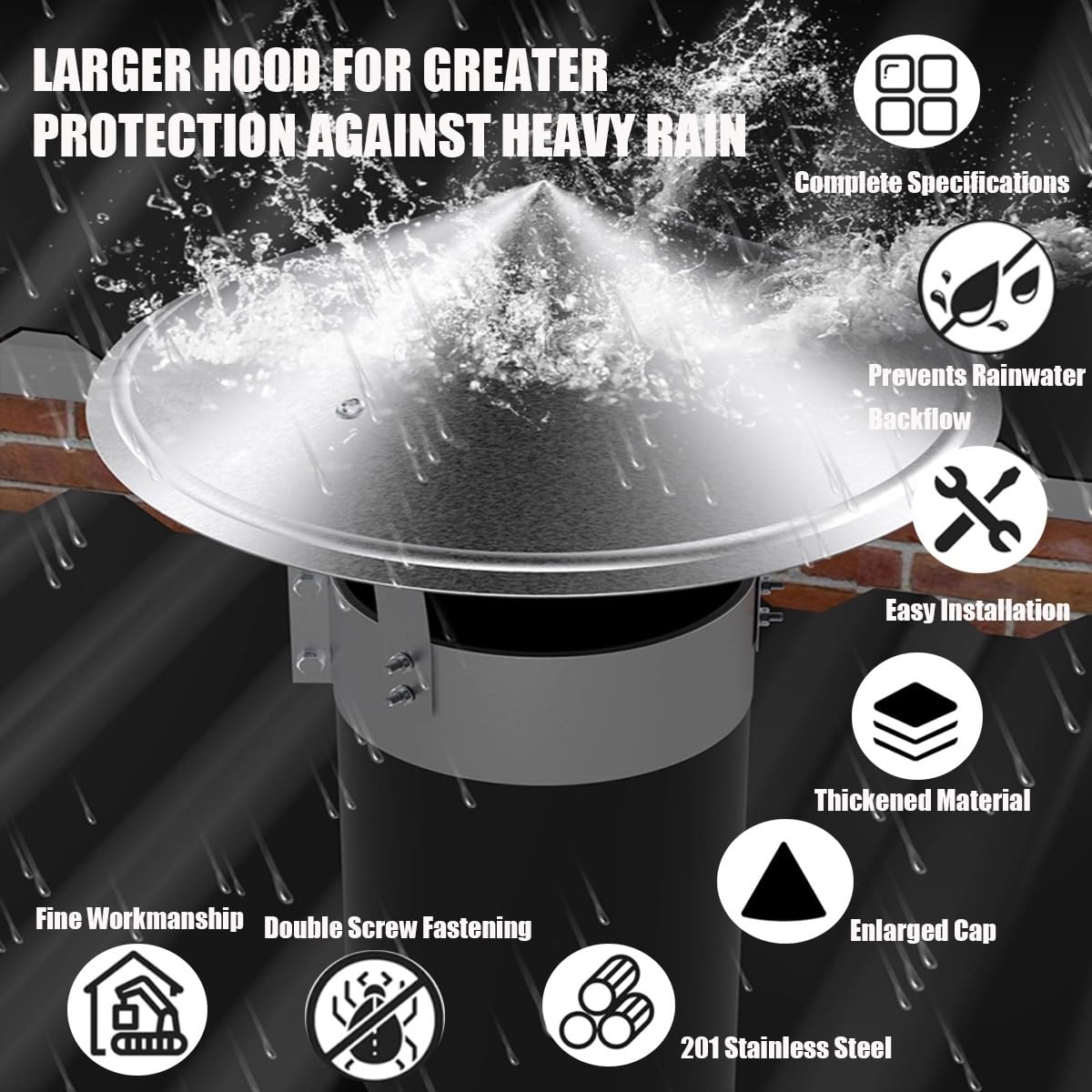 Schornsteinhaube Edelstahl 201 Schornsteinabdeckung 120mm 180mm 250mm Kaminhaube Beton, Ofenrohr Abdeckung Regenhaube Regenschirm Schornsteinkappe für Schornstein, Kaminabdeckung(220mm)