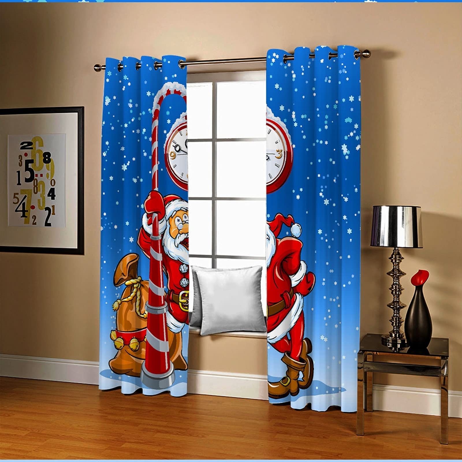 Święty Mikołaj pod zegarem zasłony do salonu, zasłony zaciemniające do salonu 2 panele, szer. 106 cm x dł. 213 cm