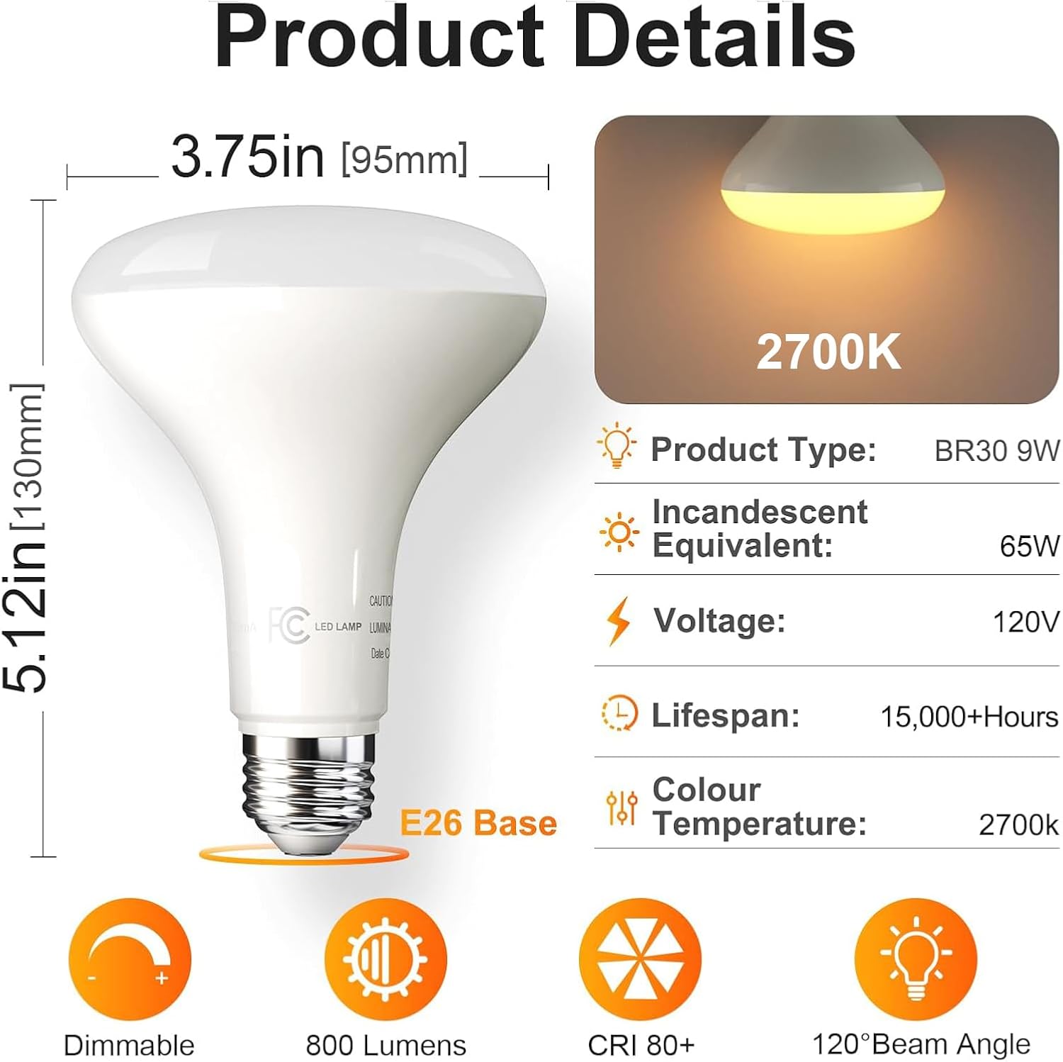 TJOY 12 Pack BR30 Flood Light Bulb Indoor, 65W Equivalent Dimmable Led Recessed Lights Bulb, 2700K Soft Warm White, E26 Base Bulbs for Kitchen Ceiling, Recessed Can, Replacement Incandescent, 9W,800LM - Image 2