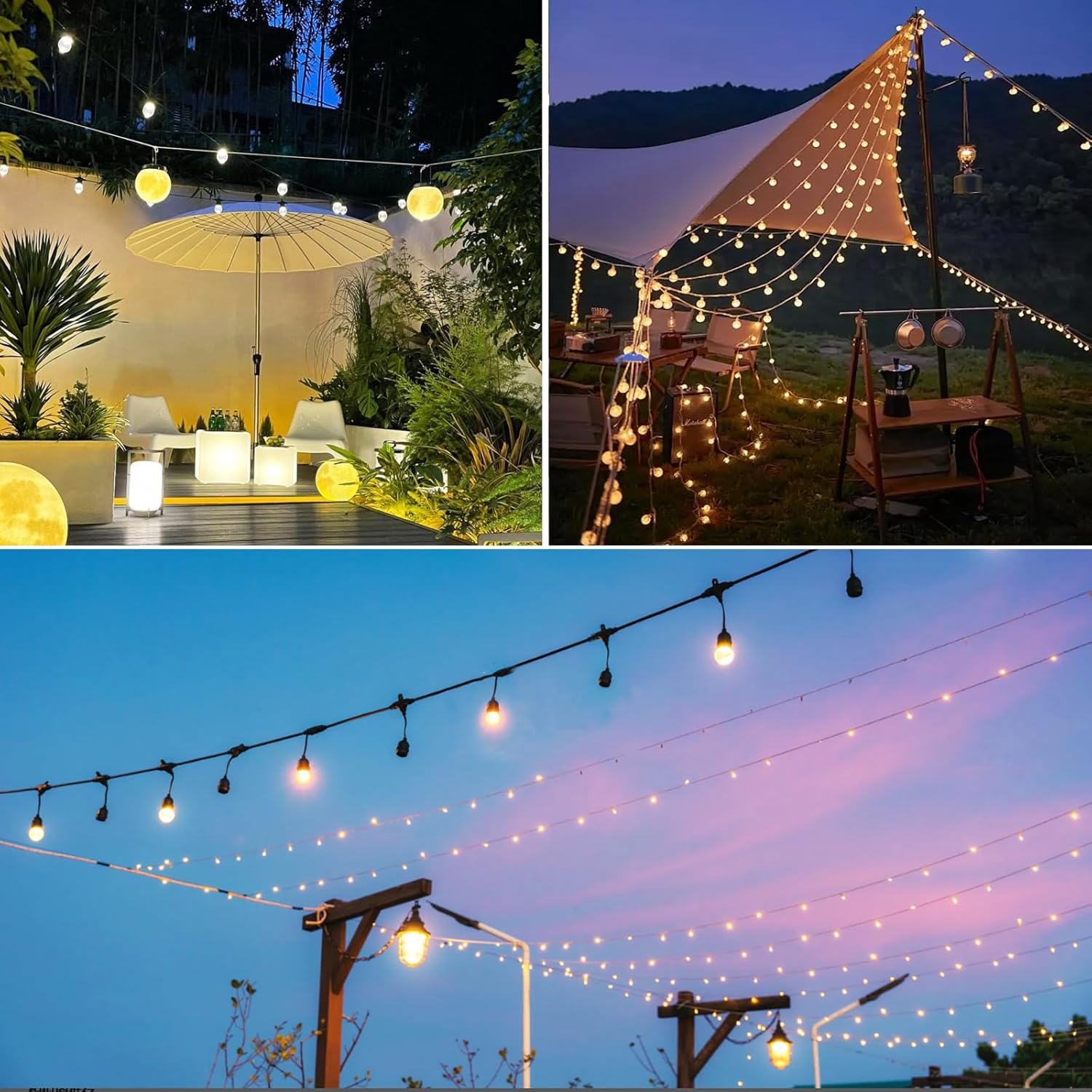Upgraded Outdoor String Light Hanging Kit, 350ft Globe String Light Suspension Kit w/Expansion Hook, Stainless Steel 304 String Light Guide Wire, Black Guy Wire kit for Wedding Dinner Barbecue