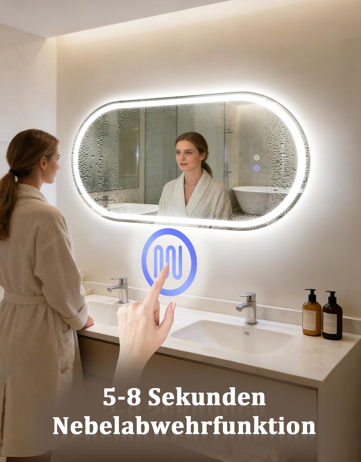 Espejo de baño ovalado con iluminación, espejo de baño LED, 60 x 120 cm, espejo de pared para cuarto de baño con interruptor táctil, función de desenfoque, IP44, regulable, 3000 K-6500 K