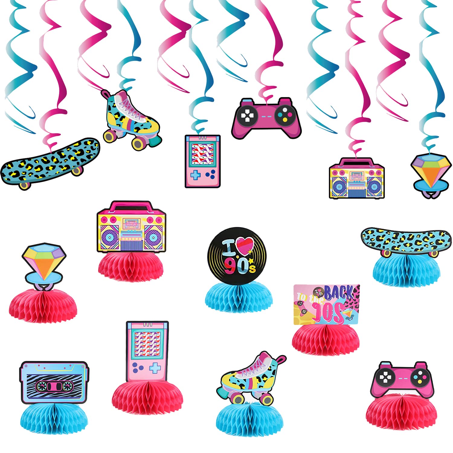 MAX COOK 90s Party Table Decorations 21 Pcs Disco Rock Hippie Foil Swirls Ceiling Decor and Retro Theme Honeycomb Table Topper for Retro Party Supplies