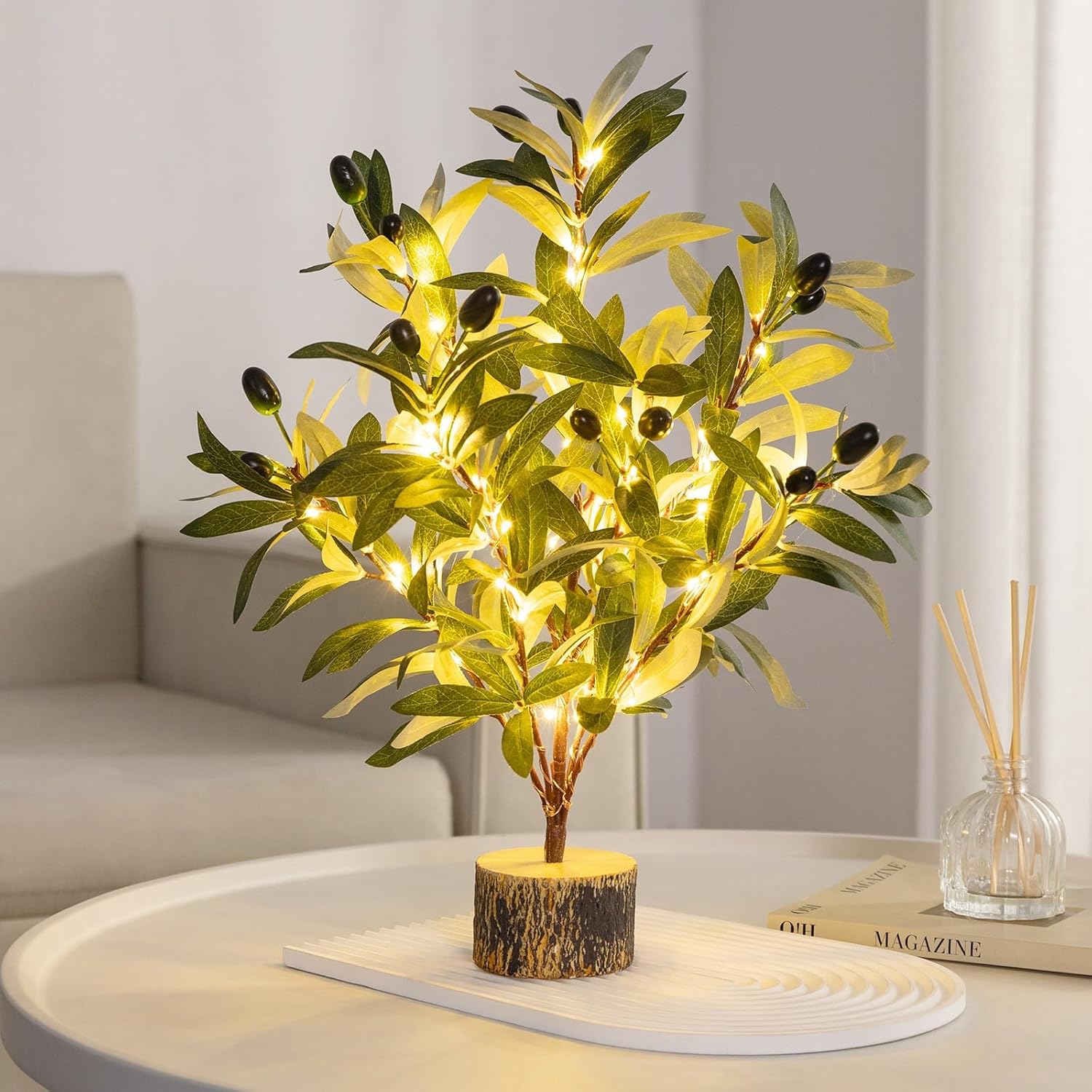 Lighted Tabletop Olive Tree, Artificial Greenery Tree Indoor 19IN 49 Warm White Led with Timer, Battery Operated for Spring Summer Home Office Decorations