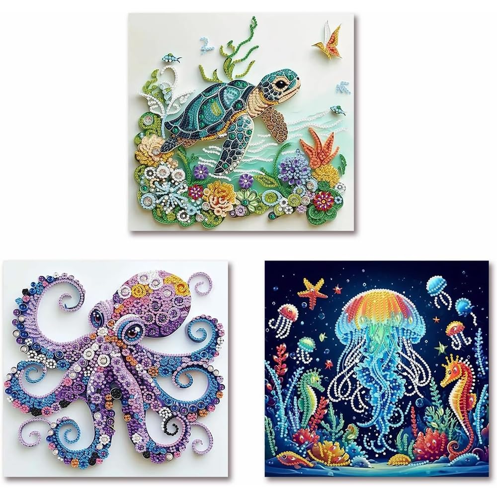 Jakener 3 Pack Special Shaped Diamond Art Kits Adults, Marine Animals Diamond Painting Kit for Adults, 5D DIY Full Drill Crystal Rhinestones Gem Art Craft, Home Wall Decor 12x12 Inch