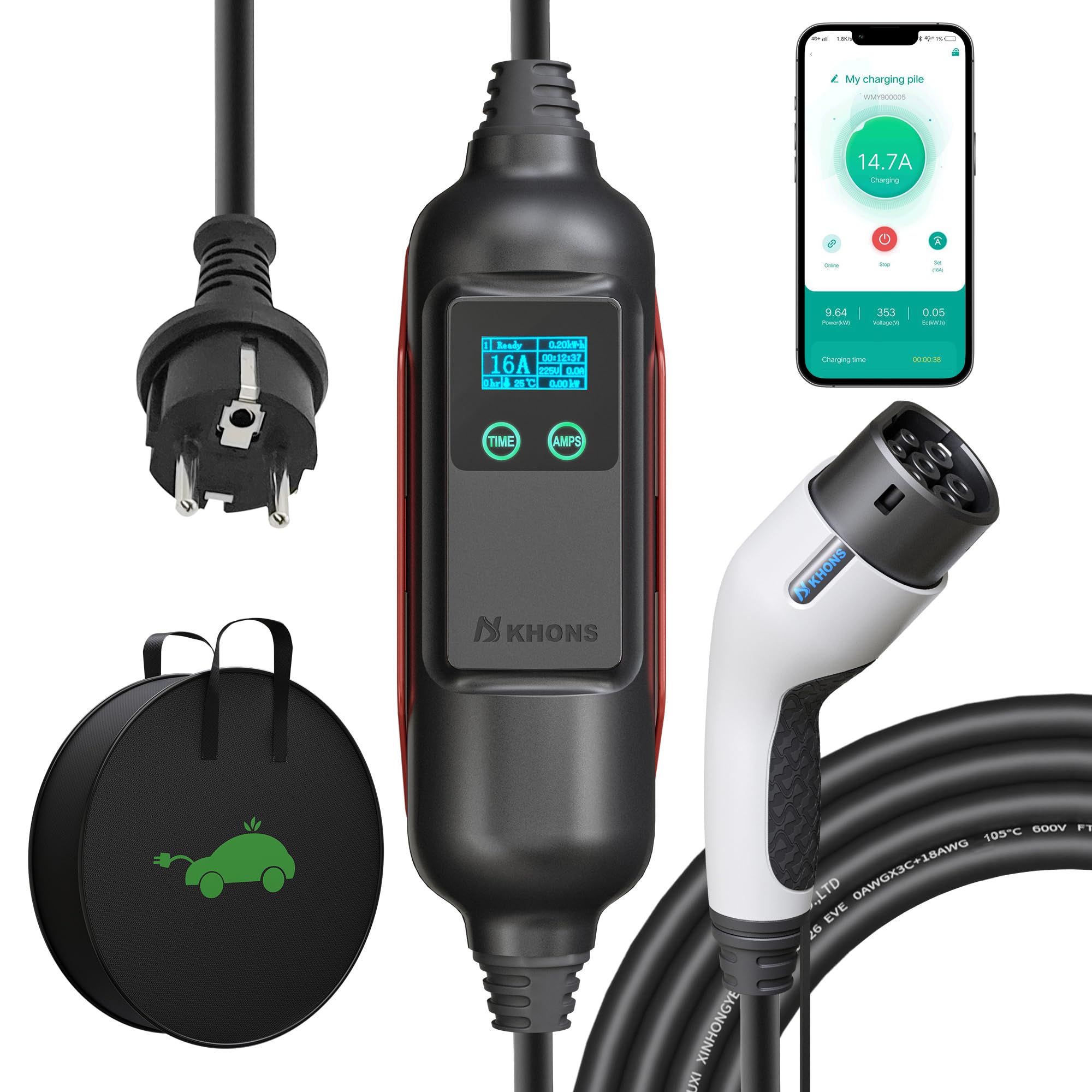 Wallbox 3.7 kW Single-Phase 6-16A Type 2 Charging Cable with Schuko Plug, IP65 Mobile Wallbox Charging Station for Electric Car, App Control, Portable EV Charging Station for IEC 62196-2 (6