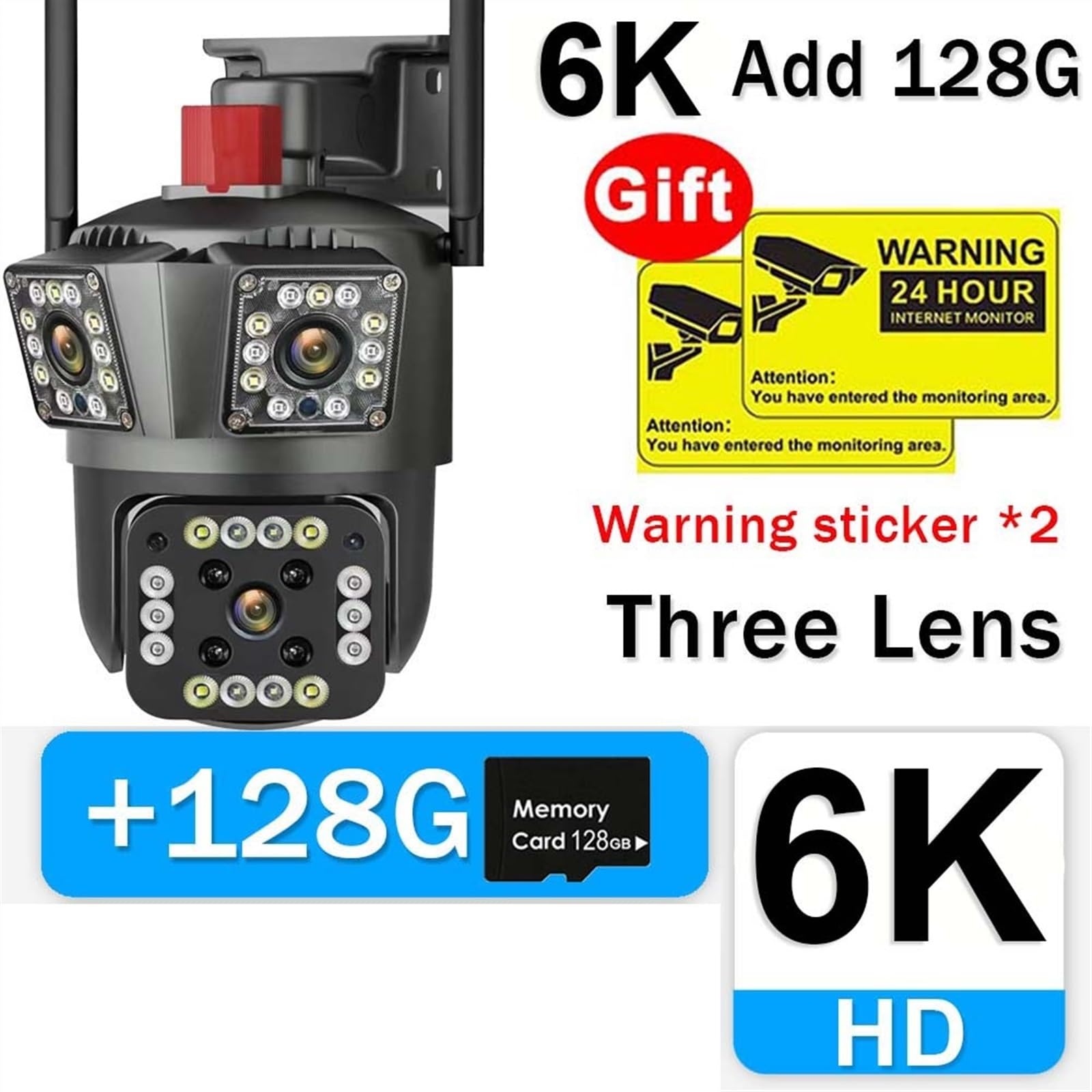 Sistemas de Cámaras, Cámara IP 6K HD con Tres Lentes, Zoom 8X, cámara de Seguridad Exterior PTZ, Seguimiento de Movimiento, cámara IP 4K, de cámara CCTV for hogar intelinte(6K Add 128G)