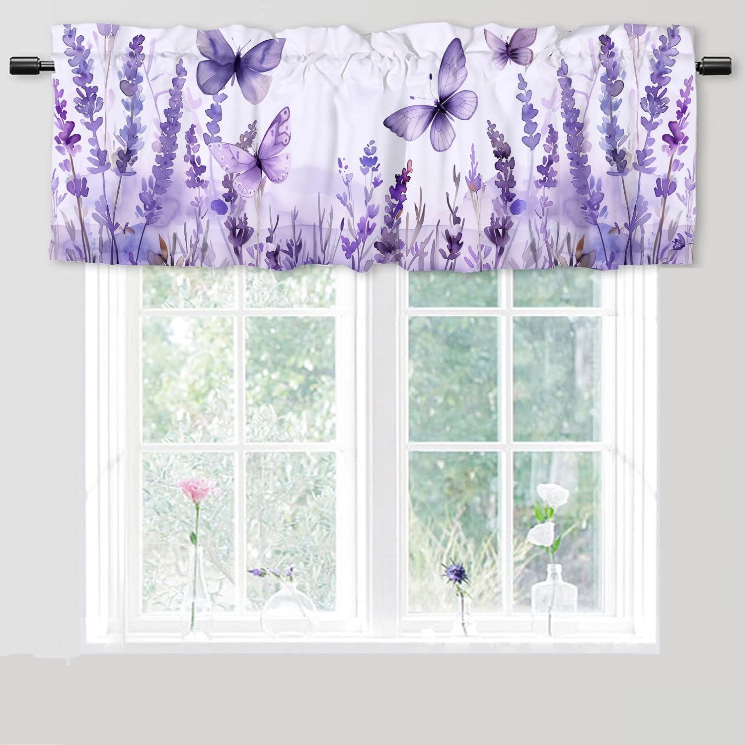 WUMINMIN Butterfly Kitchen Curtains and Valances Set Flying Butterfly Lavender Flowers Window Valance for Living Room Bathroom Bedroom 1 Pack 52x 18