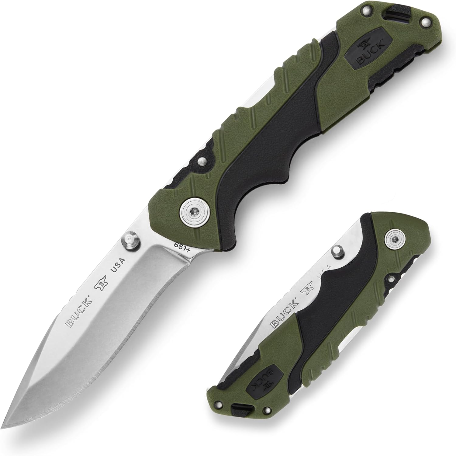 Buck Knives 661 Small Folding Pursuit Hunting Knife, 3" Blade, Glass Filled Nylon Handle, 420HC Stainless Steel Drop Point Blade, Sheath Included, Knife Made in the USA, Green, 2.5 oz