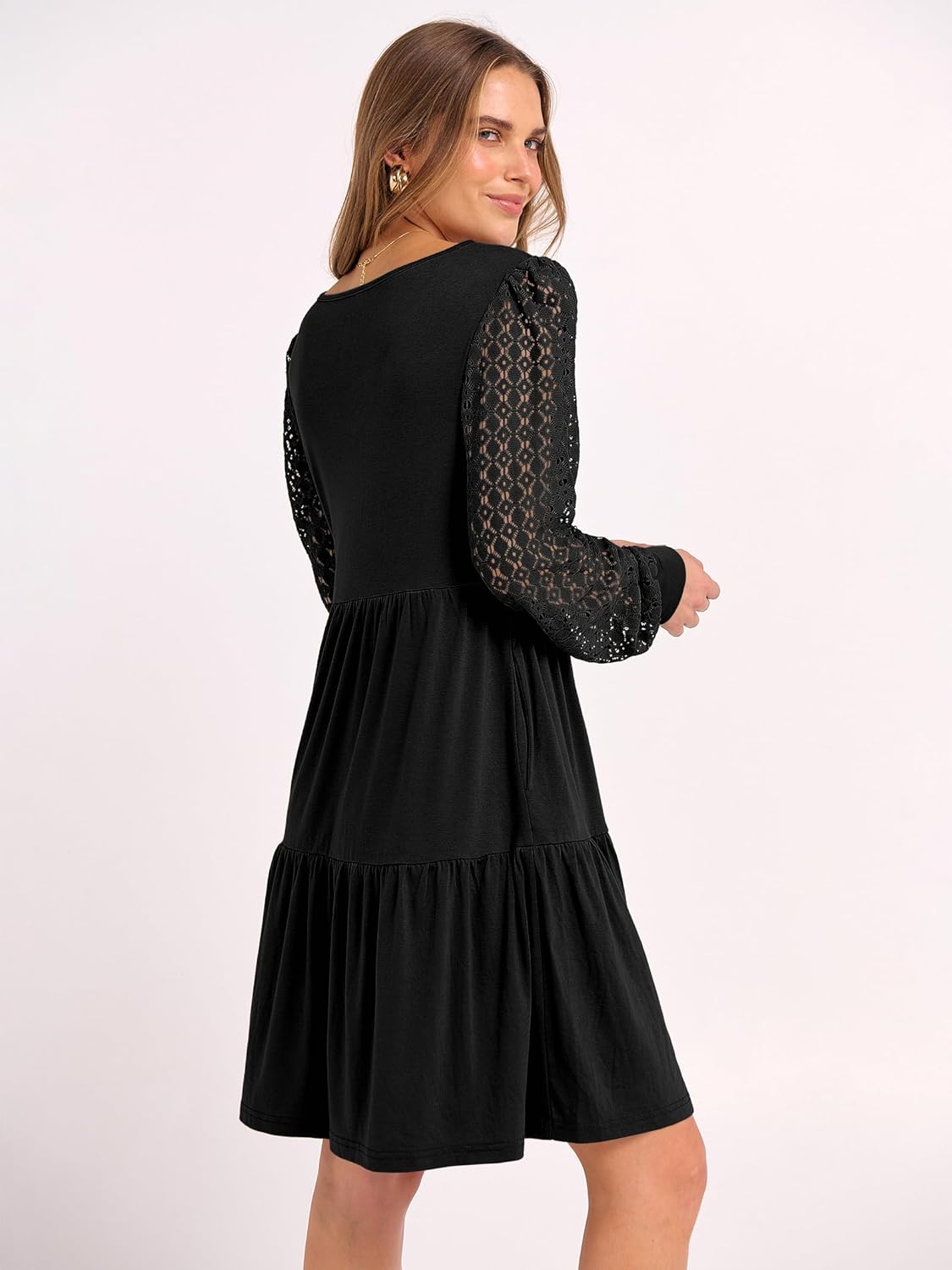 ANRABESS Dresses for Women Casual Lace Long Sleeve V Neck Tiered Swing Flowy Loose A-line Mini Short 2025 Fall Vacation Dress - Image 4