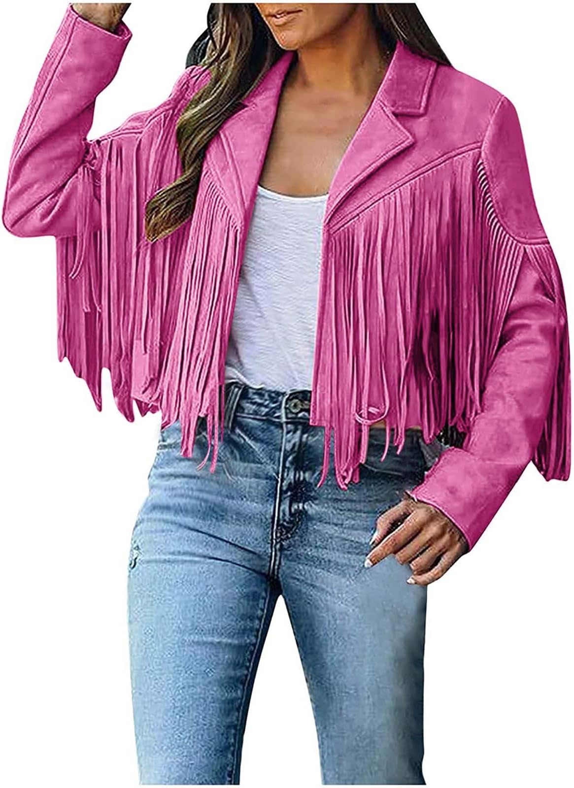 Denim Jacket for Women Fringe Faux Suede Leather Jackets Fashion Fall Winter Open Front Lapel Neck Moto Coat Outwear