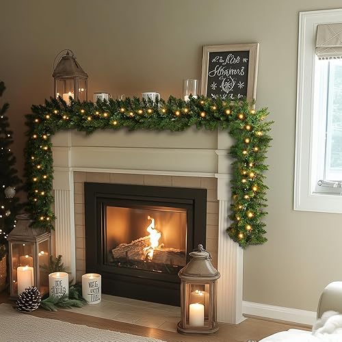 Miniatura 10 de Guirnalda de Navidad artificial preiluminada de 9 pies, decoración de Navidad para interiores y exteriores, guirnalda con temporizador que funciona