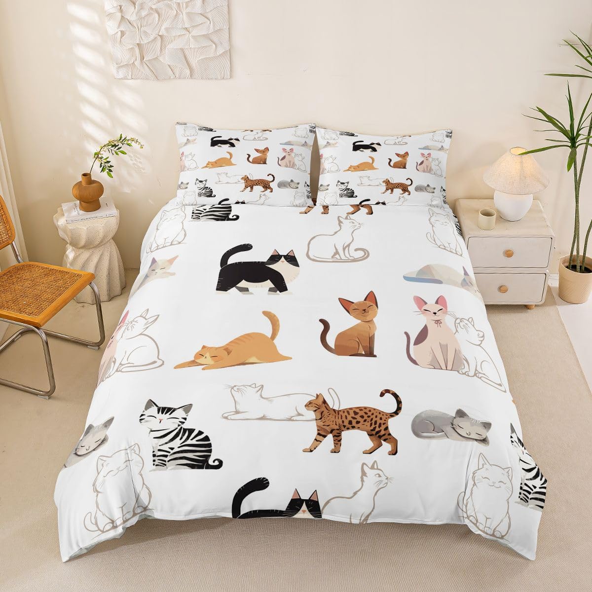 Housse de couette chat 200x200 cm avec 2 taies d'oreiller en microfibre blanche et jaune