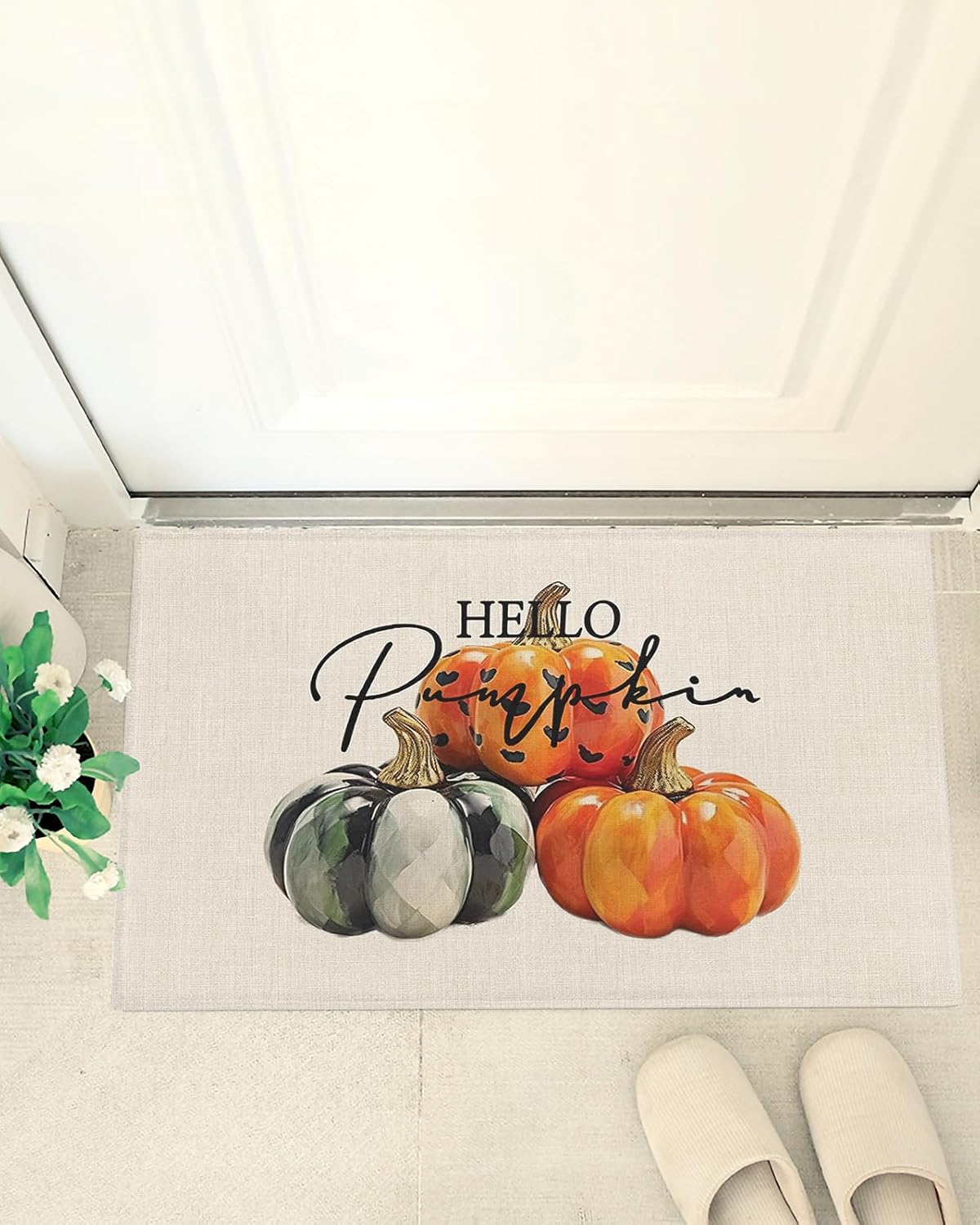 Farm Harvest Pumpkins Plush Shag Bath Rugs Orange Green Black Pumpkin Soft Fluffy Floor Doormat Carpet,Non-Slip Door Mats for Living Room Bedroom Kitchen Entryway Retro Burlap