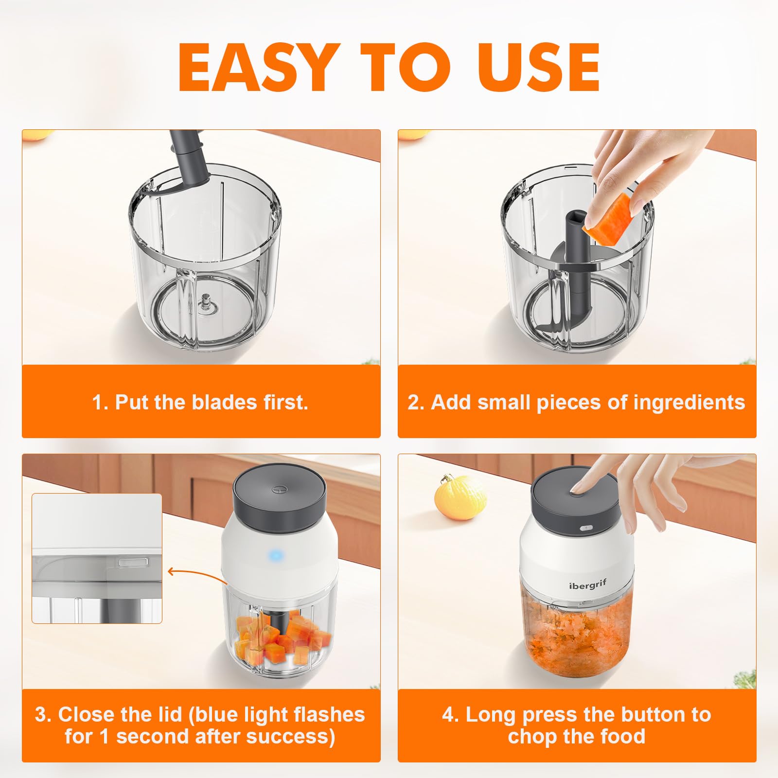 Ibergrif M503 Mini Tritatutto Elettrico, Robot Tritatutto da Cucina 400ml, Ricarica USB, Multifunzione, Portatile Tritatutto da Cucina Elettrico per Verdura, Frutta, Carne e Integratore per Bambini