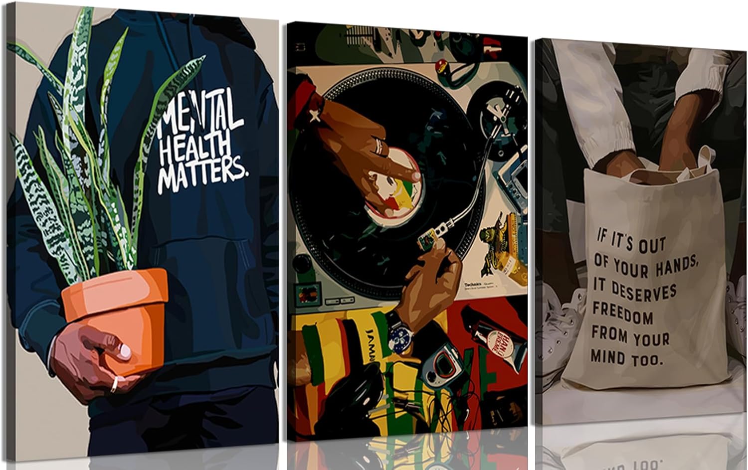 Patto Black Men Canvas Wall Art Set of 3 Fashion African American Black Man Prints Record Music DJ Painting Pictures Wall Decor Mental Health Artwork for Living Room Bedroom Decoration 16x24in