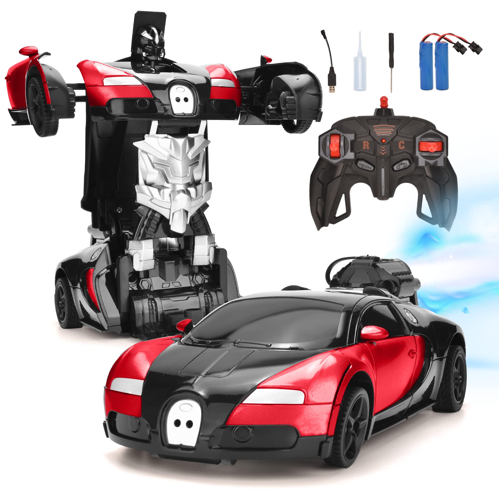 Transforming Robot RC Car with Spray - Remote Control Sports Car Racing Toy for Kids 4-6+ Years Old, Deformation Vehicle for Boys and Girls (Red)
