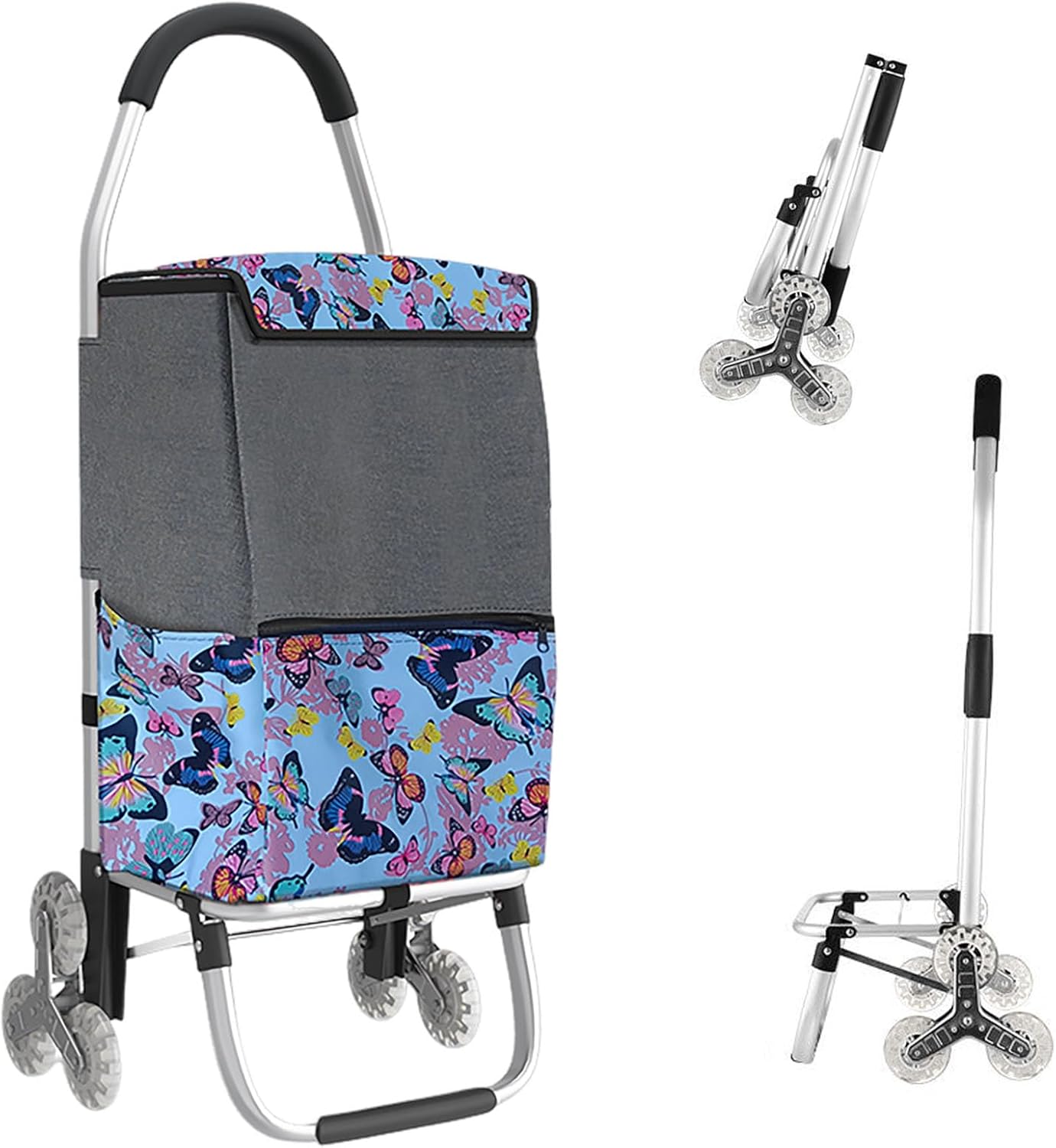 Trolley Foldable Shopping Cart with 6 Wheels 3 Wheels on Each Side 2 in 1 Market Stroller and Cart Stair Climbing Basket