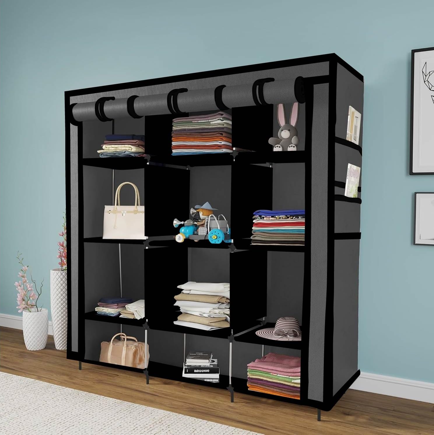 Maison & Cuisine® 12 Shelves Wardrobe with Non Rustable Iron Frame | Portable Closet with 12 Shelves & Side Pockets | Non Woven Cover | Ideal for Clothes, Shoes & Accessories (W 88150) Grey