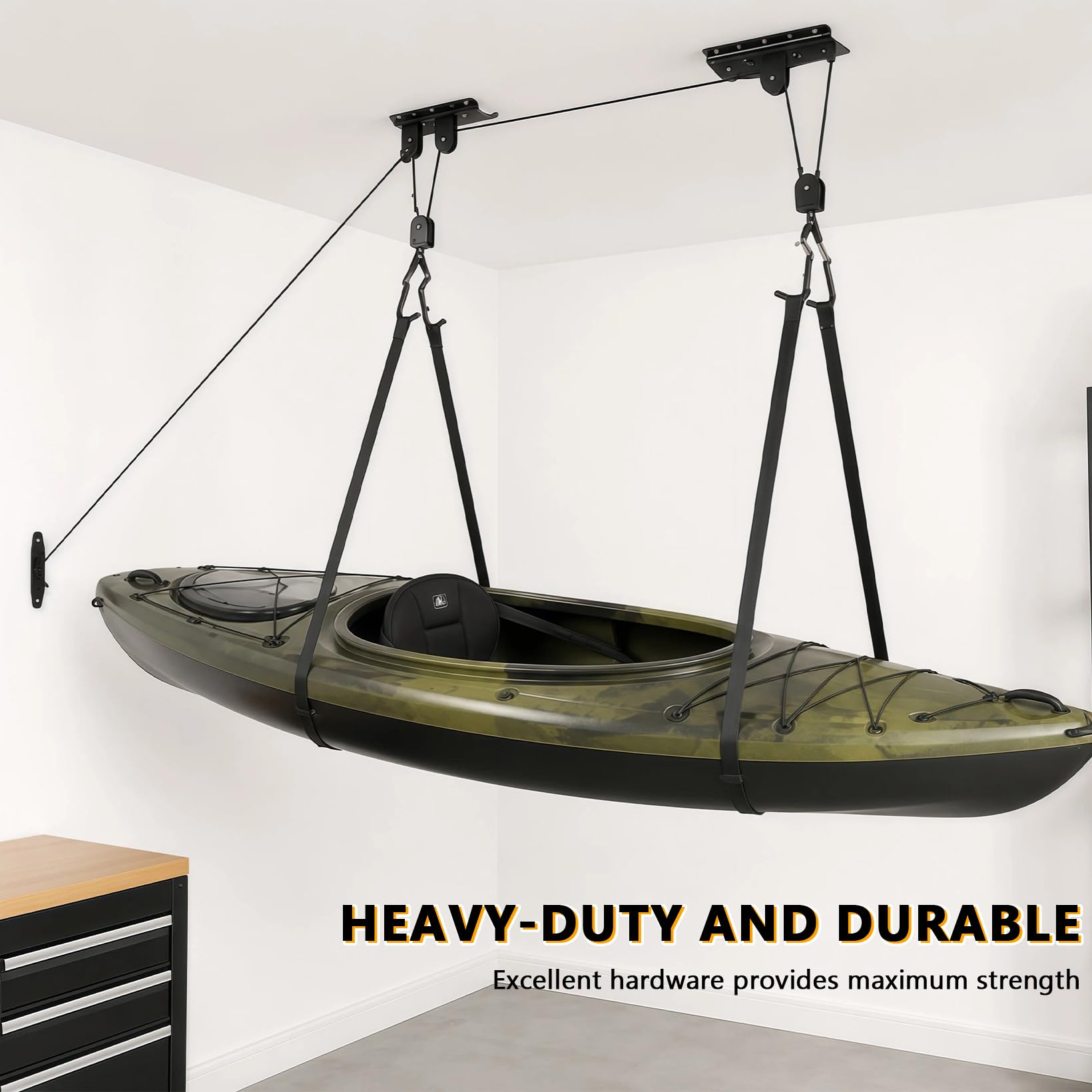 Sistema di sollevamento a puleggia, 45kg, per kayak, bici e scale | Montaggio a soffitto; risparmia spazio; funi incluse.